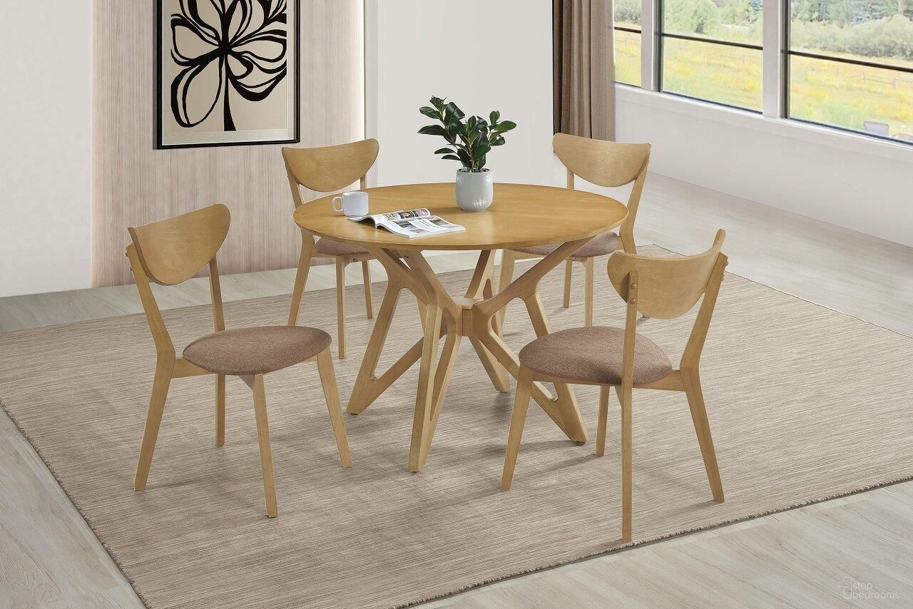 The appearance of Elowen Dining Room Set In Light Walnut designed by Coaster in the transitional interior design. This light walnut piece of furniture was selected by 1StopBedrooms from Elowen Collection to add a touch of cosiness and style into your home. Sku: 108440;108442;108442. Table Base Style: Legs. Table Top Shape: Round. Material: Wood. Size: 42" x 42".