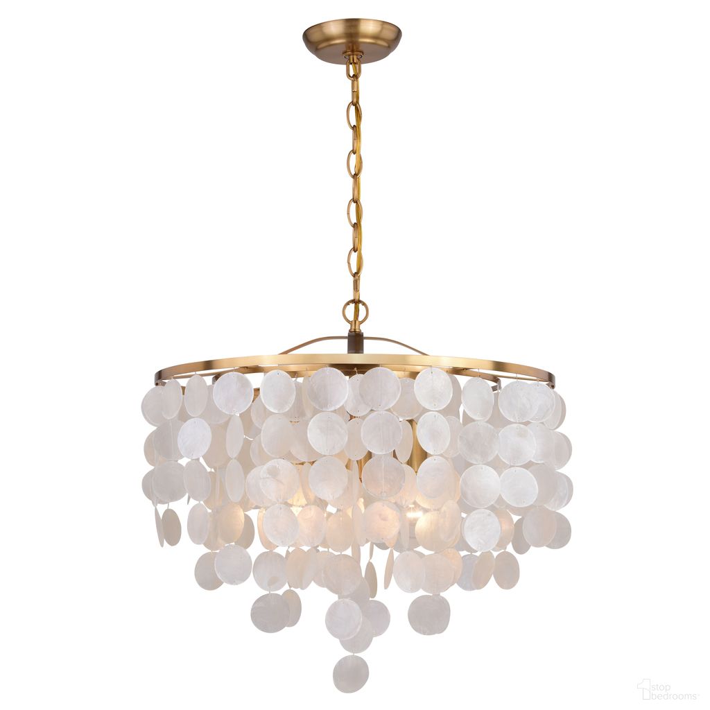 The appearance of Elsa Capiz Shell 19.75 Inch 3 Light Pendant In Natural Brass designed by Vaxcel in the glam interior design. This natural brass piece of furniture  was selected by 1StopBedrooms from Elsa Collection to add a touch of cosiness and style into your home. Sku: P0394. Material: Steel.
