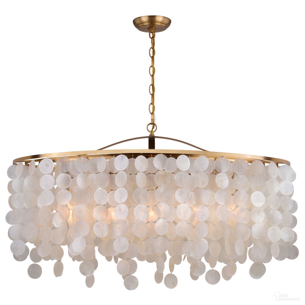 The appearance of Elsa Capiz Shell 35.75 Inch 5 Light Linear Chandelier In Natural Brass designed by Vaxcel in the glam interior design. This natural brass piece of furniture  was selected by 1StopBedrooms from Elsa Collection to add a touch of cosiness and style into your home. Sku: H0282. Material: Steel.