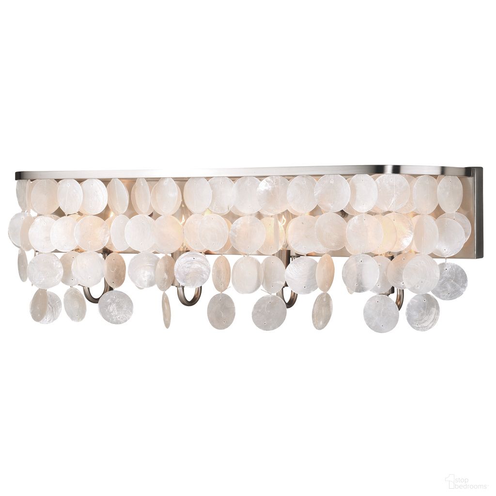 The appearance of Elsa Capiz Shell 4L Vanity In Satin Nickel designed by Vaxcel in the glam interior design. This satin nickel piece of furniture was selected by 1StopBedrooms from Elsa Collection to add a touch of cosiness and style into your home. Sku: W0271. Material: Steel.
