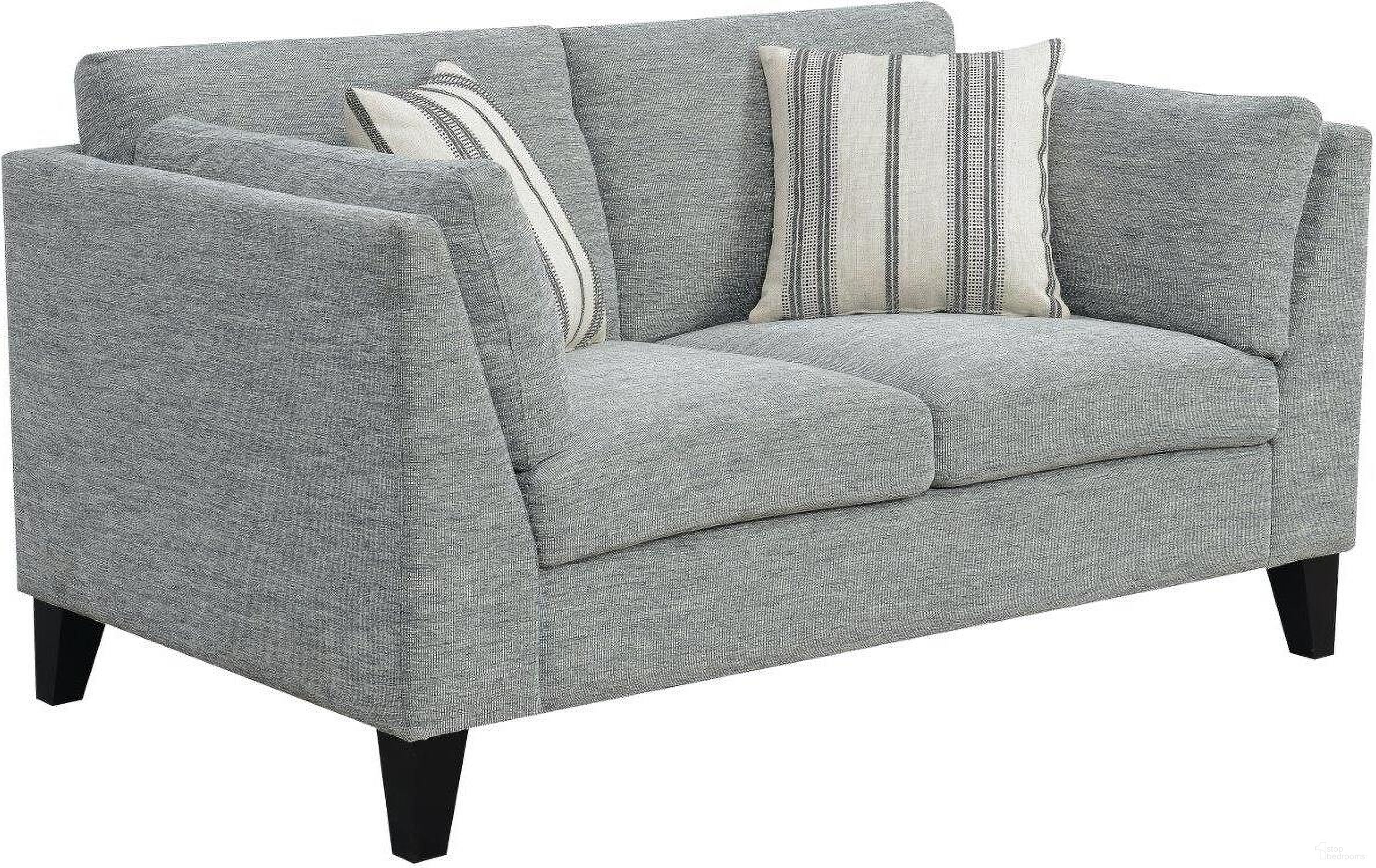 The appearance of Elsbury Gray Loveseat designed by Emerald Home Furnishings in the transitional interior design. This gray piece of furniture was selected by 1StopBedrooms from Elsbury Collection to add a touch of cosiness and style into your home. Sku: U3445-01-03. Material: Polyester.