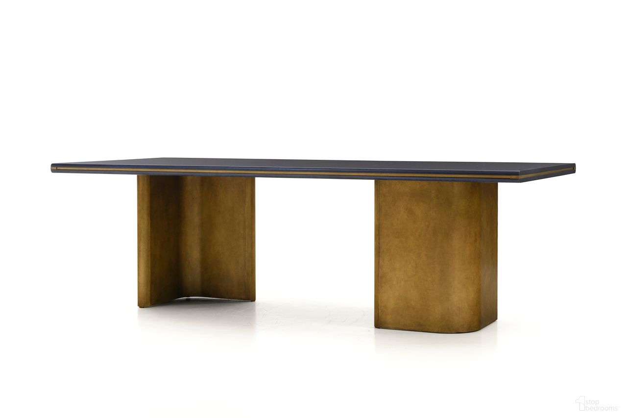 The appearance of Elvira - Starburst Dining Table Blue In Navy Blue and Brass designed by Maitland-Smith in the modern / contemporary interior design. This navy blue/brass piece of furniture was selected by 1StopBedrooms from Maitland Smith Collection to add a touch of cosiness and style into your home. Sku: 8432-35-B;8432-35-T. Table Base Style: Double Pedestal. Table Top Shape: Rectangular. Size: 40" x 96". Material: Oak.