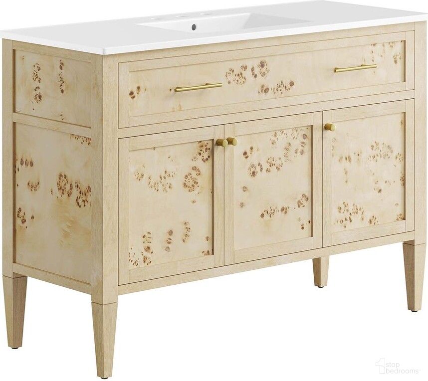 The appearance of Elysian 48 Inch Wood Single Sink Bathroom Vanity In Burl designed by Modway in the modern / contemporary interior design. This white piece of furniture  was selected by 1StopBedrooms from Elysian Collection to add a touch of cosiness and style into your home. Sku: EEI-4375-WHI;EEI-6140-BUR. Material: Ceramic.