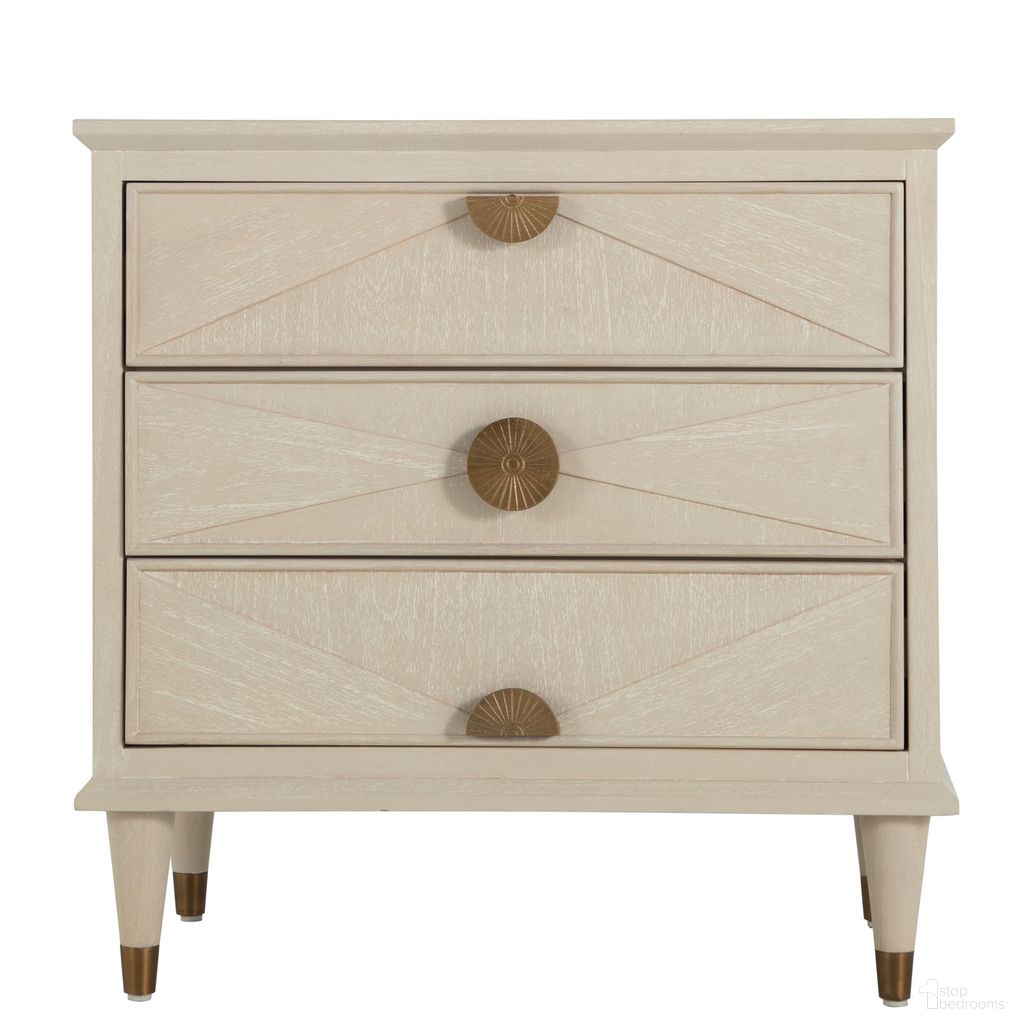 The appearance of Emberly Nightstand In Cerused White and Stained Brass designed by Gabby in the transitional interior design. This cerused white/stained brass piece of furniture was selected by 1StopBedrooms from Emberly Collection to add a touch of cosiness and style into your home. Sku: SCH-175413. Material: Mindi Veneer.