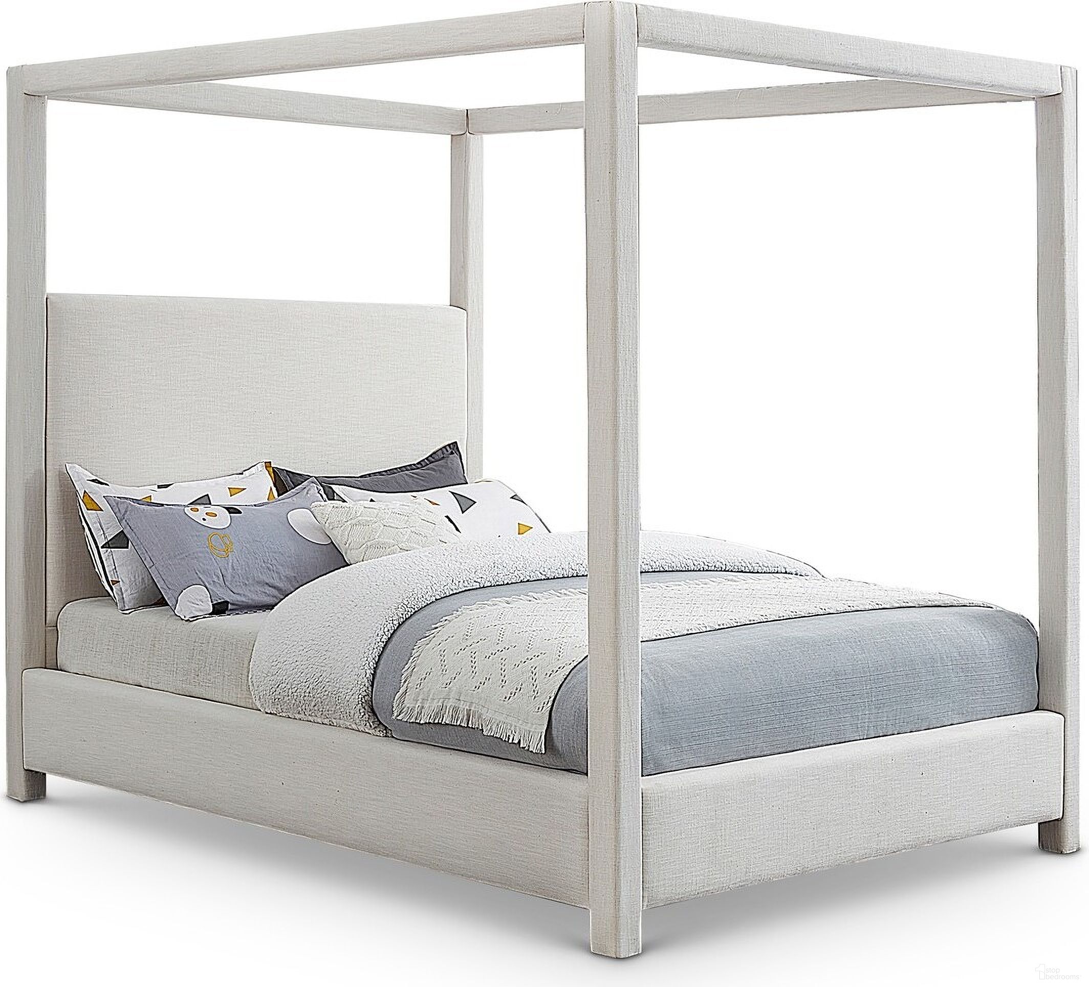 The appearance of Emerson Linen Textured Fabric King Bed In Cream designed by Meridian in the transitional interior design. This cream piece of furniture  was selected by 1StopBedrooms from Emerson Collection to add a touch of cosiness and style into your home. Sku: EmersonCream-K Box 1/3 (Headboard / Slats);EmersonCream-K Box 2/3 (Footboard / Rails / Center Support / Hardware);EmersonCream-K Box 3/3 (Canopy Frame). Bed Type: Canopy Bed. Bed Size: King. Material: Plywood.