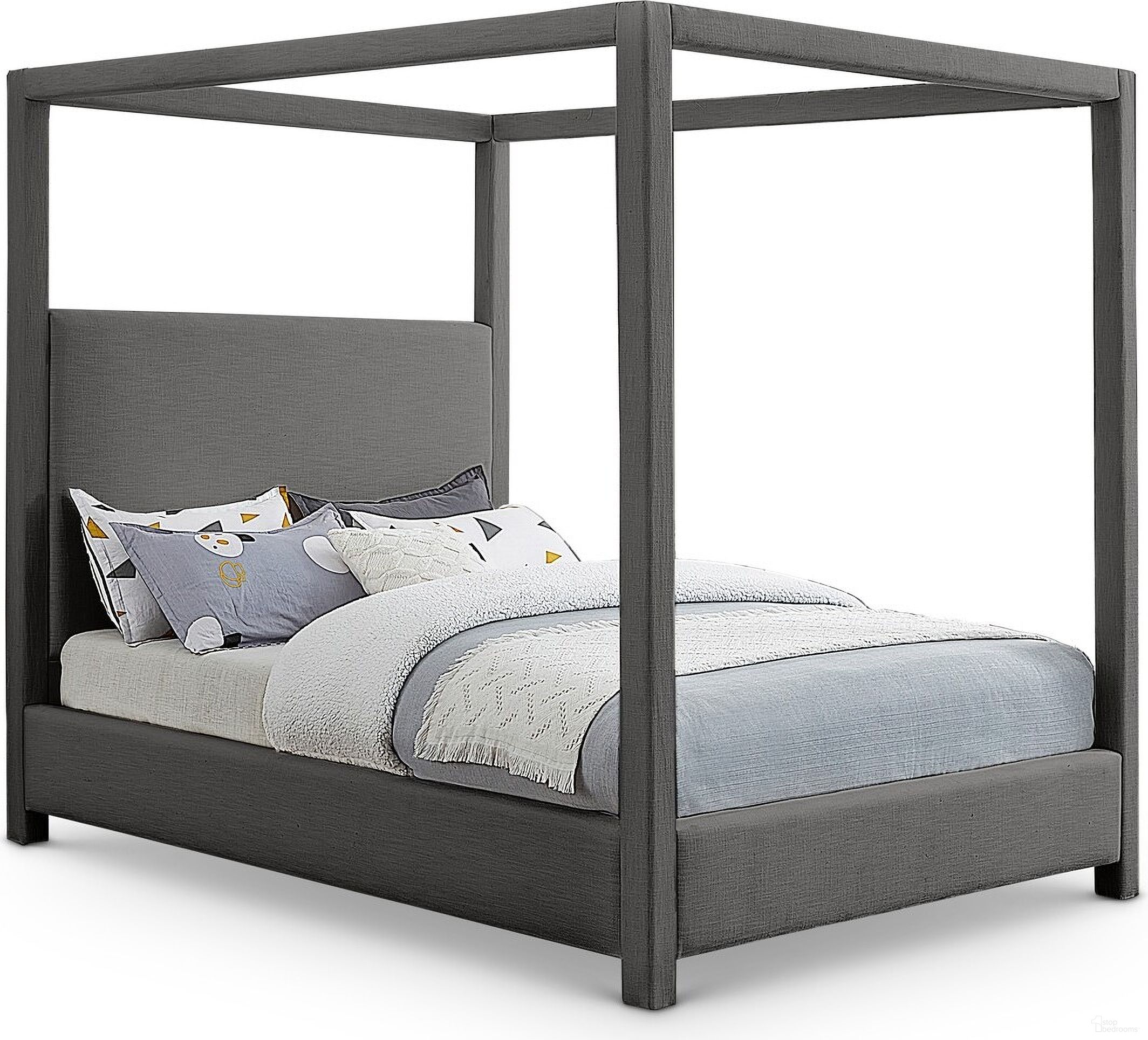The appearance of Emerson Linen Textured Fabric Queen Bed In Grey designed by Meridian in the transitional interior design. This grey piece of furniture  was selected by 1StopBedrooms from Emerson Collection to add a touch of cosiness and style into your home. Sku: EmersonGrey-Q Box 1/3 (Headboard / Slats);EmersonGrey-Q Box 2/3 (Footboard / Rails / Center Support / Hardware);EmersonGrey-Q Box 3/3 (Canopy Frame). Bed Type: Canopy Bed. Bed Size: Queen. Material: Plywood.