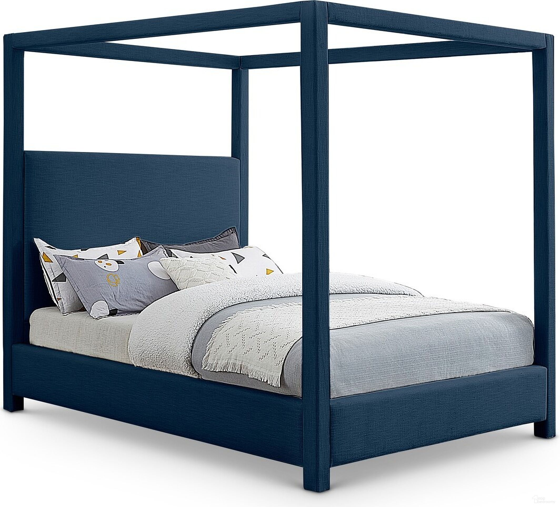The appearance of Emerson Linen Textured Fabric Queen Bed In Navy designed by Meridian in the transitional interior design. This navy piece of furniture was selected by 1StopBedrooms from Emerson Collection to add a touch of cosiness and style into your home. Sku: EmersonNavy-Q Box 1/3 (Headboard / Slats);EmersonNavy-Q Box 2/3 (Footboard / Rails / Center Support / Hardware);EmersonNavy-Q Box 3/3 (Canopy Frame). Bed Type: Canopy Bed. Bed Size: Queen. Material: Plywood.