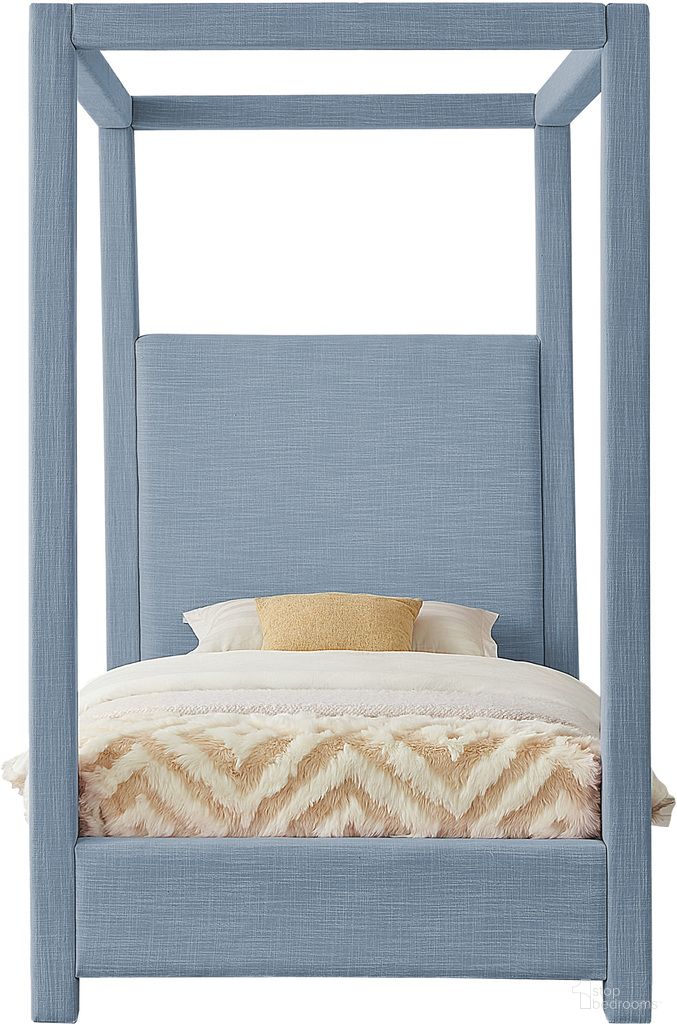 The appearance of Emerson Linen Textured Fabric Twin Bed In Sky Blue designed by Meridian in the transitional interior design. This sky blue piece of furniture was selected by 1StopBedrooms from Emerson Collection to add a touch of cosiness and style into your home. Sku: EmersonSkyBlu-T Box 1/3 (Headboard / Slats);EmersonSkyBlu-T Box 2/3 (Footboard / Rails);EmersonSkyBlu-T Box 3/3 (Posts). Bed Type: Canopy Bed. Bed Size: Twin. Material: Linen.