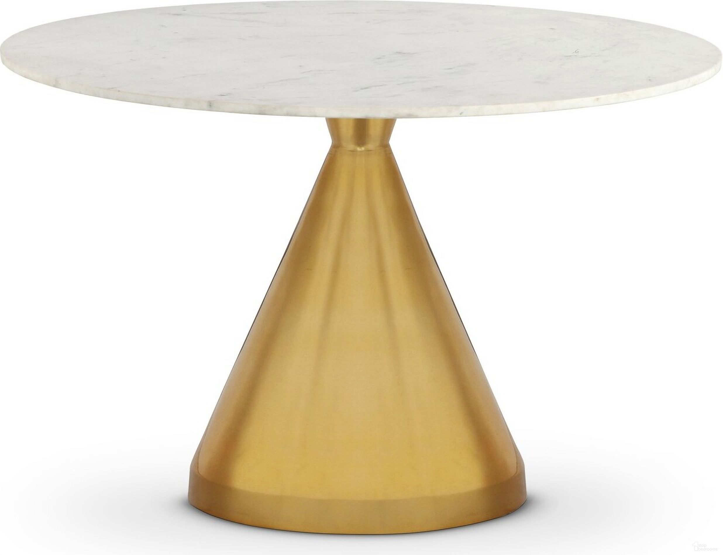 The appearance of Emery Marble Round Dining Table In White/Brushed Gold designed by Meridian in the modern / contemporary interior design. This white piece of furniture  was selected by 1StopBedrooms from Emery Collection to add a touch of cosiness and style into your home. Sku: 885-T Box 1/2 (Marble Top);885-T Box 2/2 (Base). Table Base Style: Pedestal. Table Top Shape: Round. Material: Stainless Steel. Size: 48".