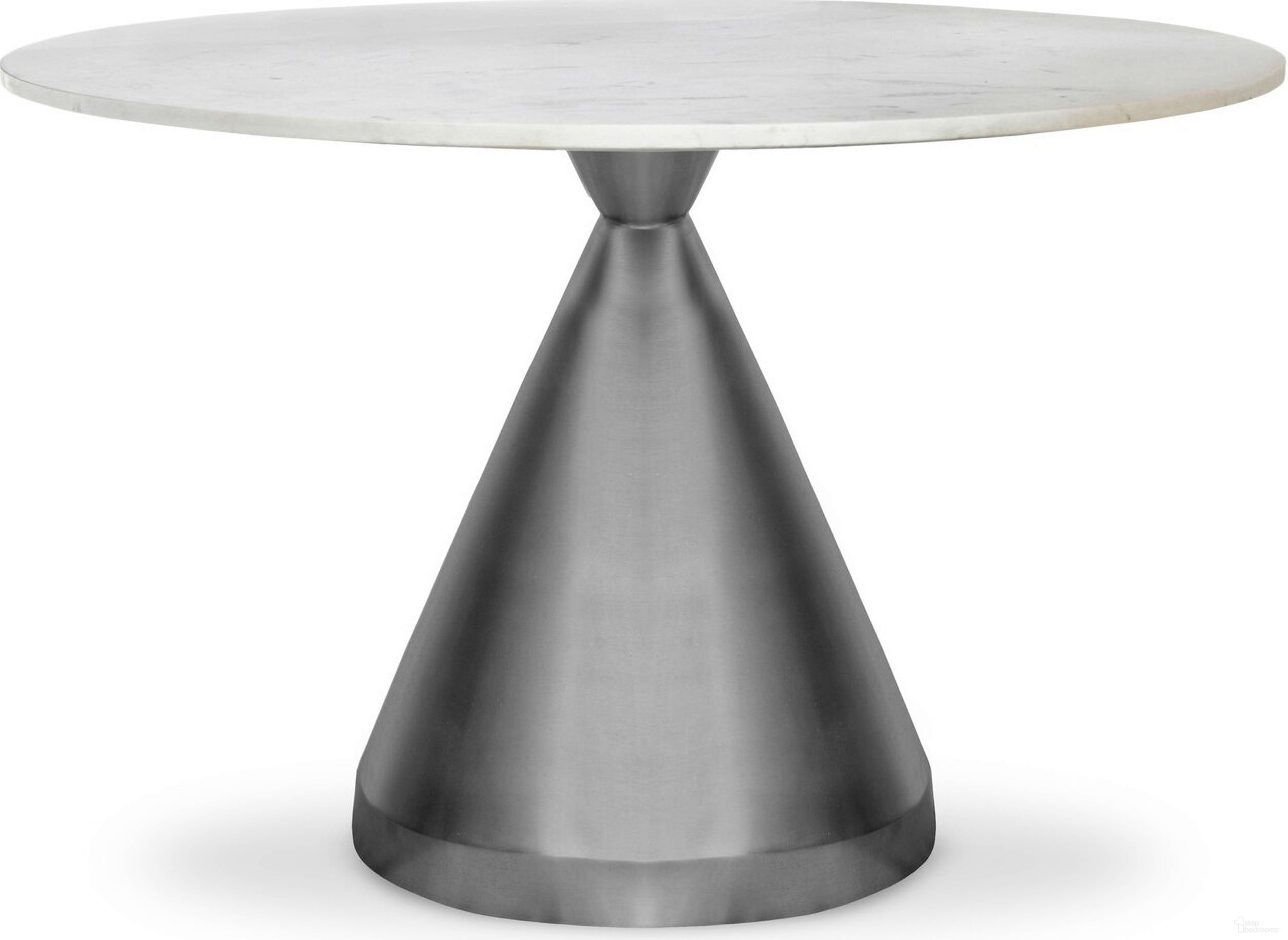 The appearance of Emery Marble Round Dining Table In White/Brushed Silver designed by Meridian in the modern / contemporary interior design. This white marble piece of furniture  was selected by 1StopBedrooms from Emery Collection to add a touch of cosiness and style into your home. Sku: 884-T Box 1/2 (Marble Top);884-T Box 2/2 (Base). Table Base Style: Pedestal. Table Top Shape: Round. Material: Stainless Steel. Size: 48".