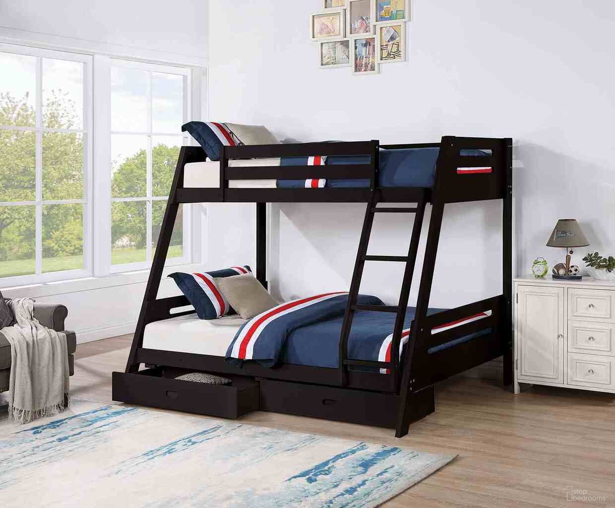 The appearance of Emilee Twin Over Full Bunk Bed In Black designed by Furniture of America in the transitional interior design. This black piece of furniture was selected by 1StopBedrooms from Emilee Collection to add a touch of cosiness and style into your home. Sku: FM-BK003BK-1;FM-BK003BK-2. Bed Type: Bunk Bed. Bed Size: Twin Over Full. Material: Solid Wood.