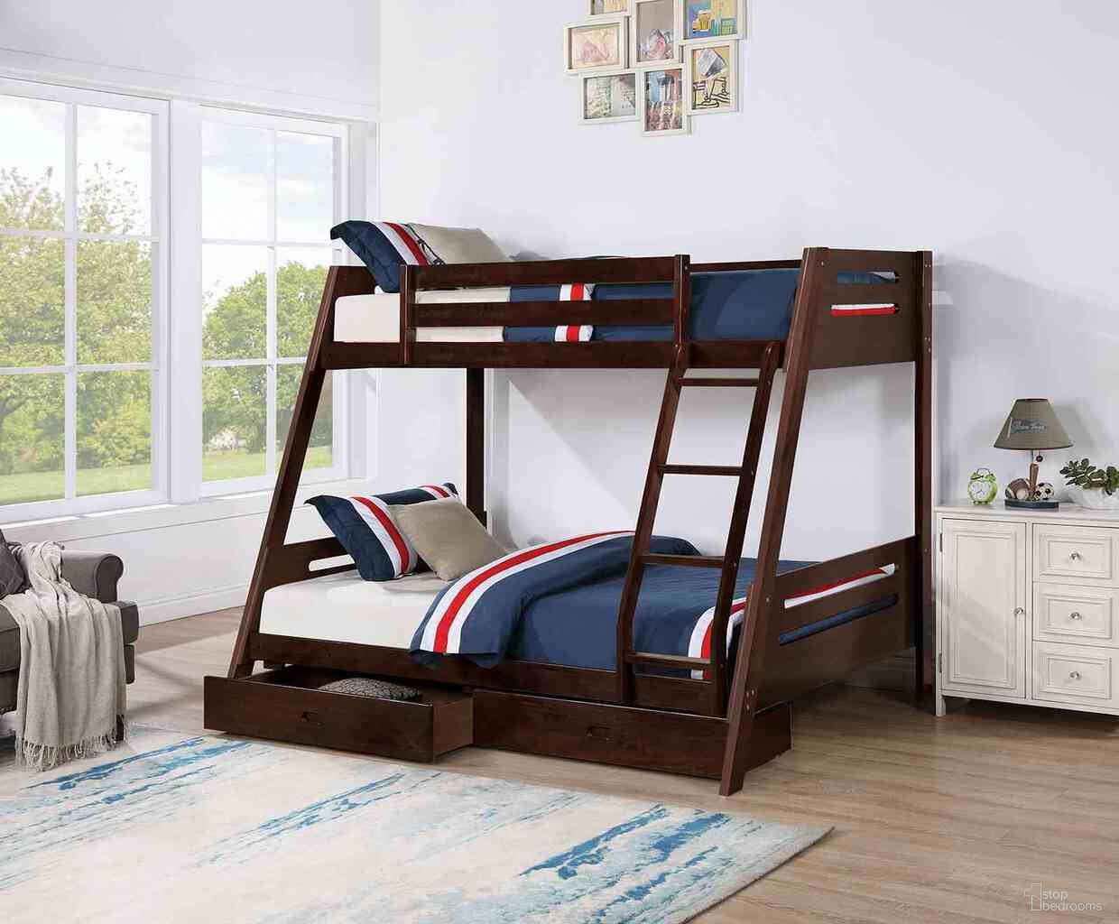 The appearance of Emilee Twin Over Full Bunk Bed In Dark Walnut designed by Furniture of America in the transitional interior design. This espresso piece of furniture  was selected by 1StopBedrooms from Emilee Collection to add a touch of cosiness and style into your home. Sku: FM-BK003ES-1;FM-BK003ES-2. Bed Type: Bunk Bed. Bed Size: Twin Over Full. Material: Solid Wood.