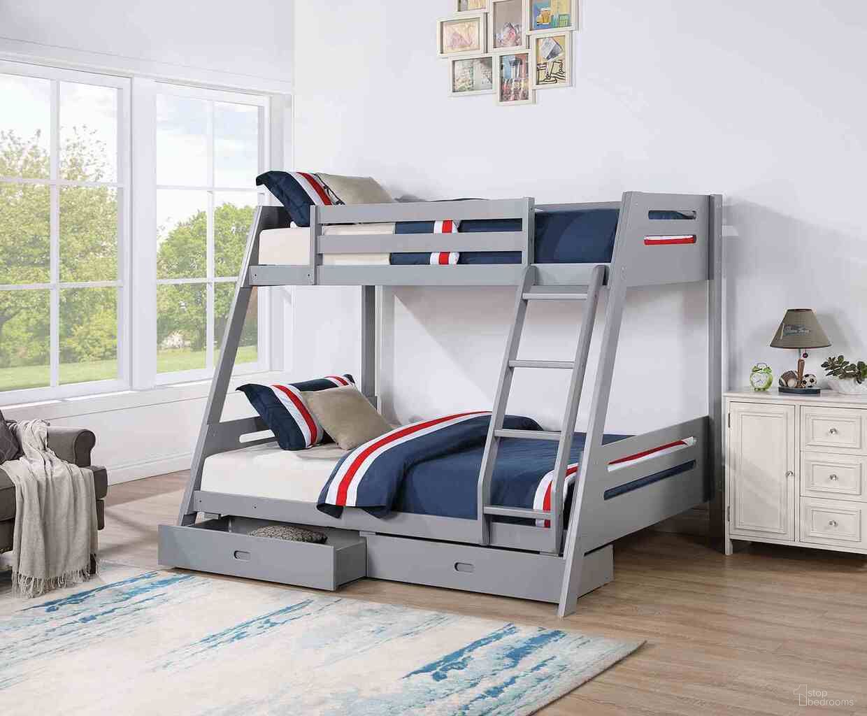 The appearance of Emilee Twin Over Full Bunk Bed In Gray designed by Furniture of America in the transitional interior design. This gray piece of furniture was selected by 1StopBedrooms from Emilee Collection to add a touch of cosiness and style into your home. Sku: FM-BK003GY-1;FM-BK003GY-2. Bed Type: Bunk Bed. Bed Size: Twin Over Full. Material: Solid Wood.