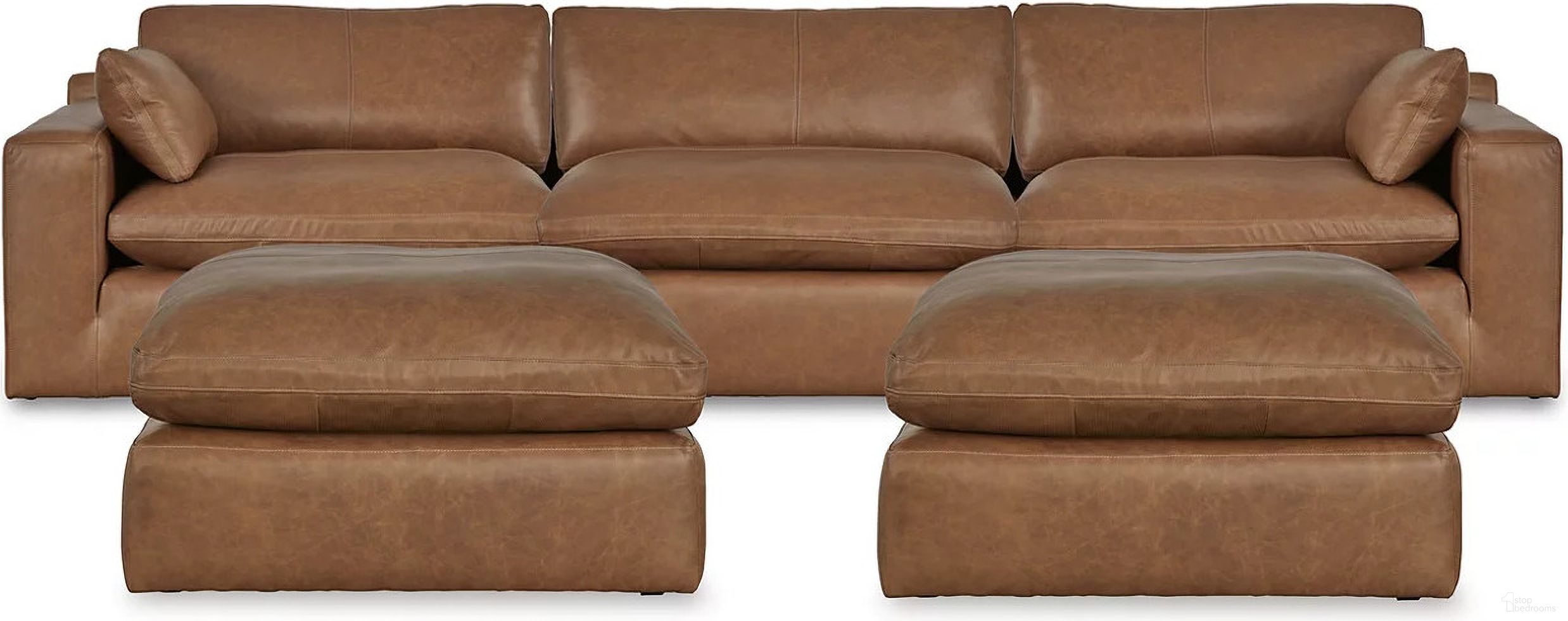 The appearance of Emilia 3-Piece Sectional and 2 Ottomans In Caramel designed by Signature Design by Ashley in the modern / contemporary interior design. This caramel piece of furniture was selected by 1StopBedrooms from Emilia Collection to add a touch of cosiness and style into your home. Sku: 3090164;3090108;3090108;3090146;3090165. Material: Leather.