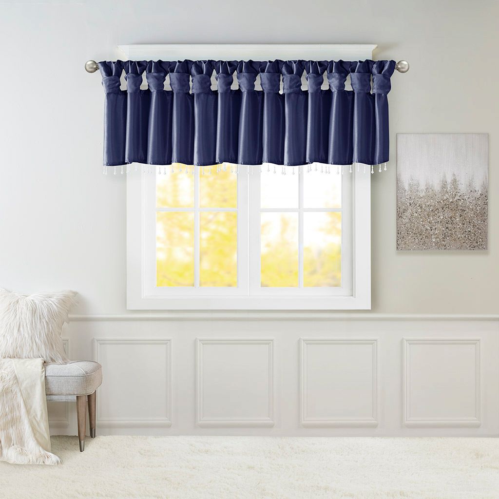 The appearance of Emilia Lightweight Faux Silk Valance with Beads In Navy designed by Olliix in the transitional interior design. This navy piece of furniture was selected by 1StopBedrooms from Emilia Collection to add a touch of cosiness and style into your home. Sku: MP41-6320. Material: Polyester.