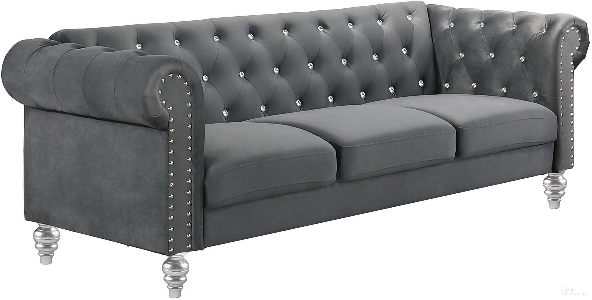 The appearance of Emma Crystal Sofa In Gray designed by New Classic in the traditional interior design. This gray piece of furniture was selected by 1StopBedrooms from Emma Collection to add a touch of cosiness and style into your home. Sku: UKD13-30-GRYC. Material: Fabric.
