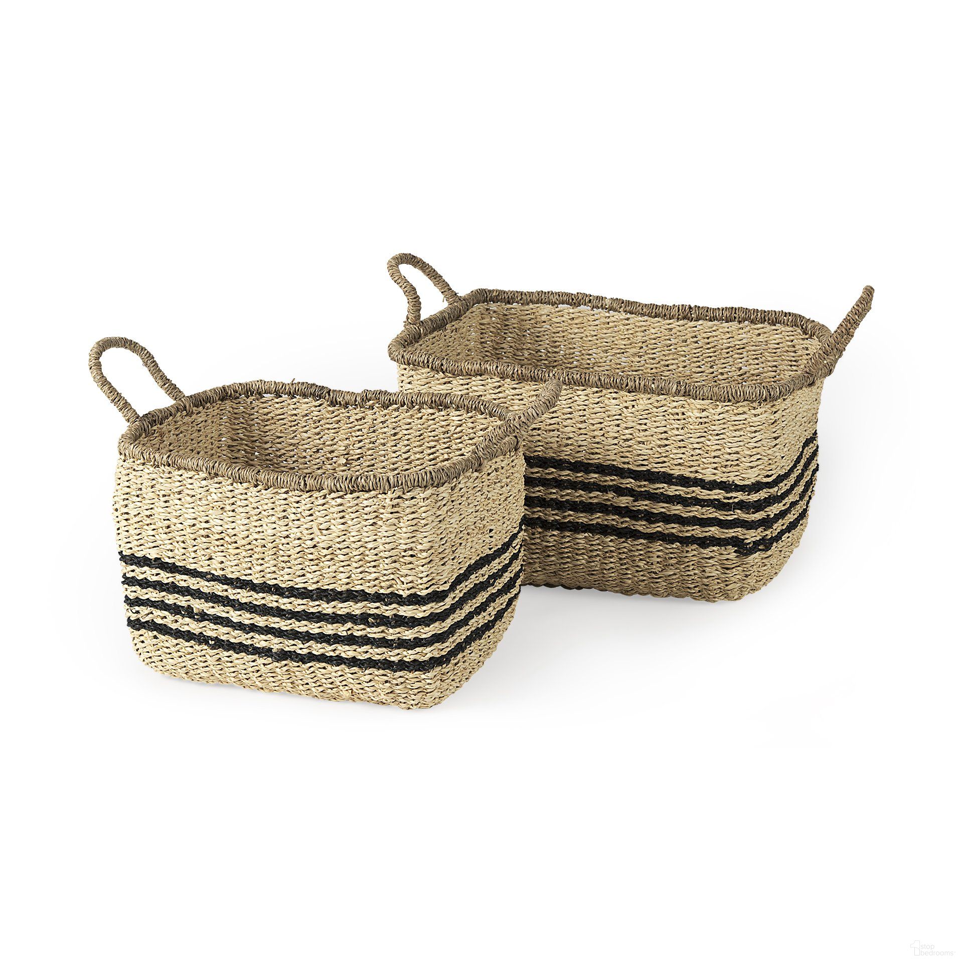 The appearance of Emma Seagrass Rectangular Basket with Black Stripes Set of 2 In Light Brown designed by Mercana in the rustic / southwestern interior design. This light brown/black piece of furniture was selected by 1StopBedrooms from Emma Collection to add a touch of cosiness and style into your home. Sku: 69590. Material: Woven.