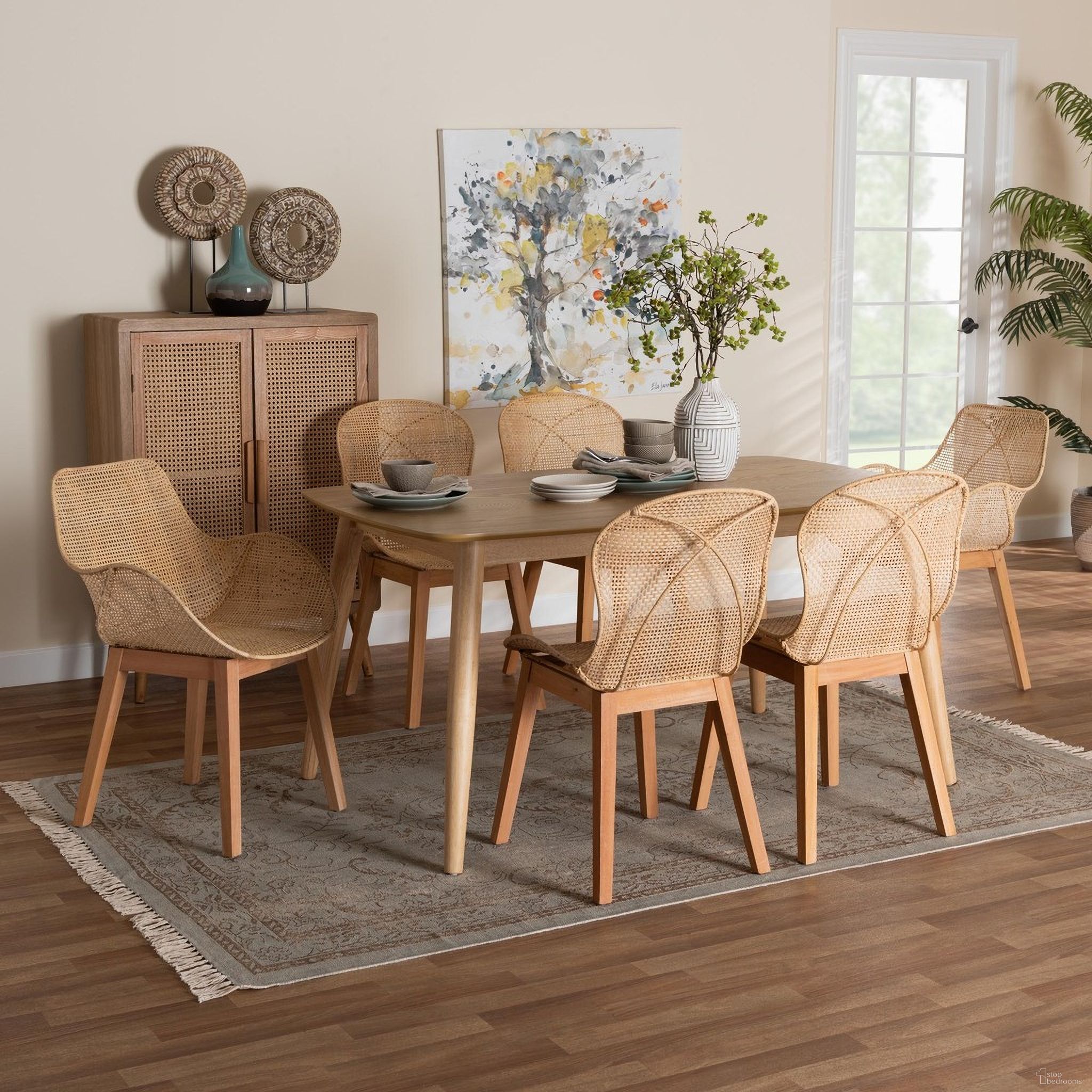 Emmali Wood and Rattan 7 Piece Dining Set In Natural Brown