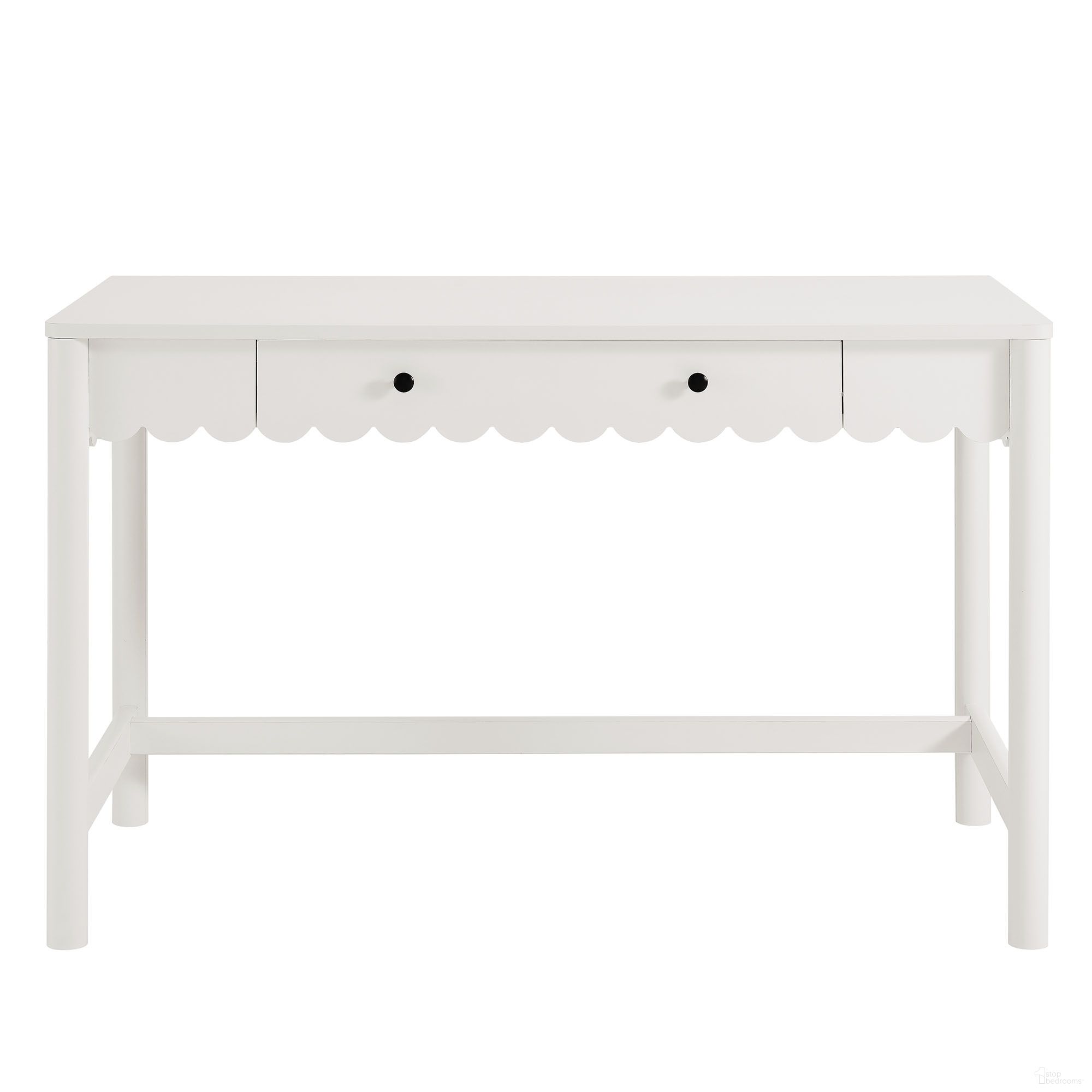 The appearance of Emmeline 1-Drawer Scallop Writing Desk In White designed by Modway in the modern / contemporary interior design. This white piece of furniture was selected by 1StopBedrooms from Emmeline Collection to add a touch of cosiness and style into your home. Sku: EEI-7155-WHI. Material: Laminate.