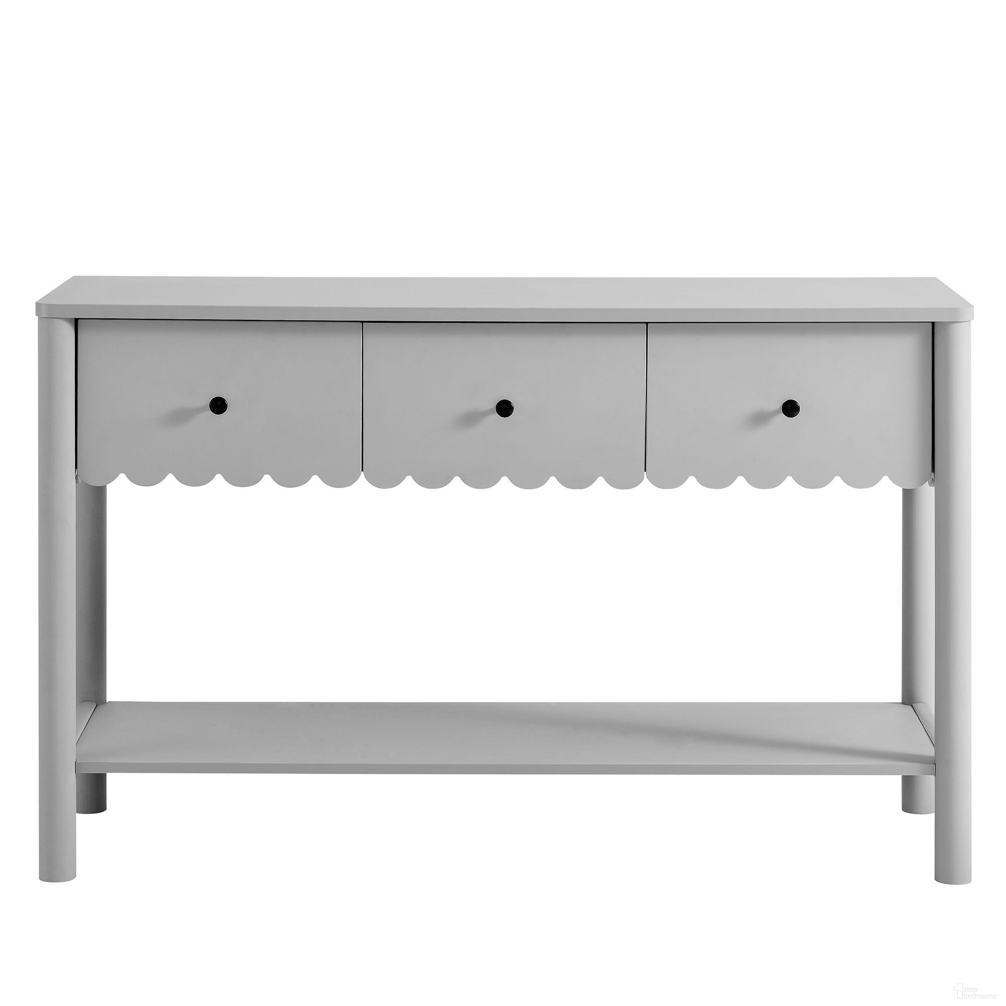 The appearance of Emmeline 3-Drawer Scalloped Console Table In Light Gray designed by Modway in the modern / contemporary interior design. This light gray piece of furniture was selected by 1StopBedrooms from Emmeline Collection to add a touch of cosiness and style into your home. Sku: EEI-7154-LGR. Material: Laminate.