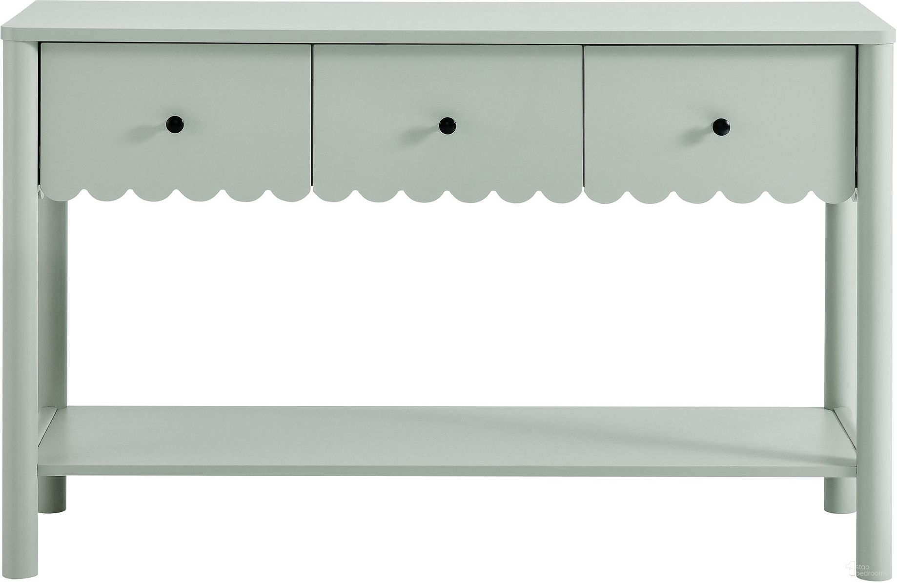 The appearance of Emmeline 3-Drawer Scalloped Console Table In Sage designed by Modway in the modern / contemporary interior design. This sage piece of furniture was selected by 1StopBedrooms from Emmeline Collection to add a touch of cosiness and style into your home. Sku: EEI-7154-SGE. Material: Laminate.