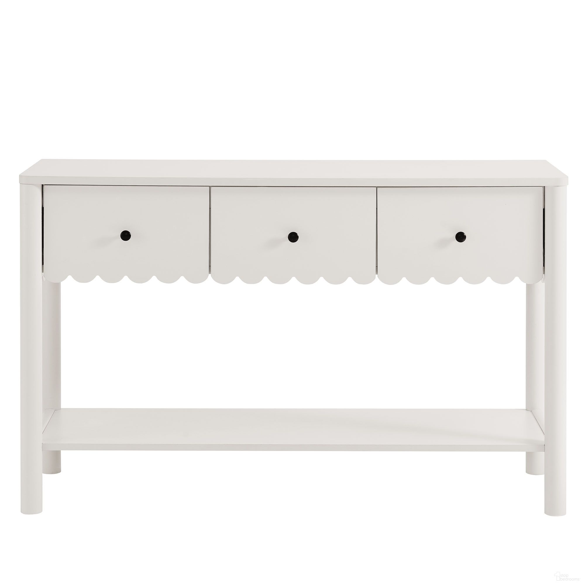 The appearance of Emmeline 3-Drawer Scalloped Console Table In White designed by Modway in the modern / contemporary interior design. This white piece of furniture  was selected by 1StopBedrooms from Emmeline Collection to add a touch of cosiness and style into your home. Sku: EEI-7154-WHI. Material: Laminate.