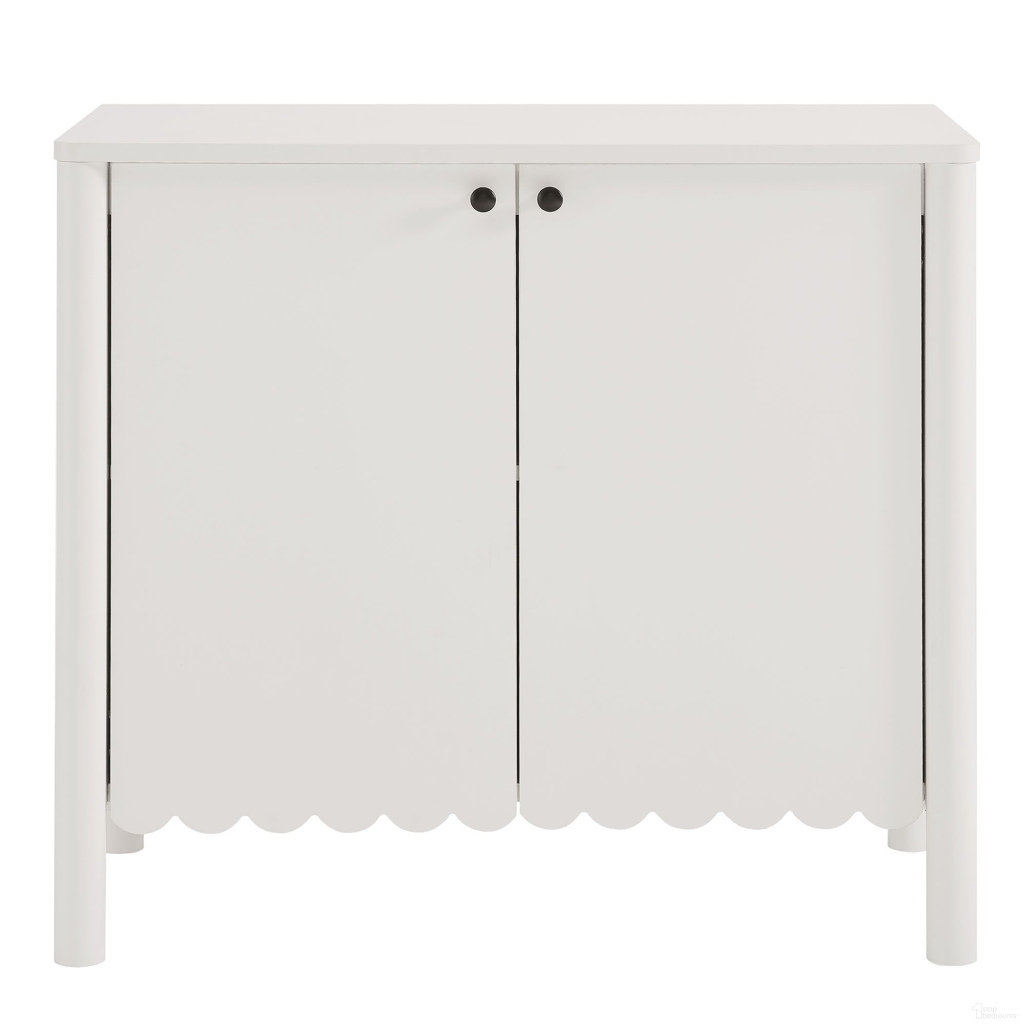 The appearance of Emmeline 35 Inch 2-Door Scalloped Sideboard Cabinet In White designed by Modway in the modern / contemporary interior design. This white piece of furniture was selected by 1StopBedrooms from Emmeline Collection to add a touch of cosiness and style into your home. Sku: EEI-7152-WHI. Material: Laminate.