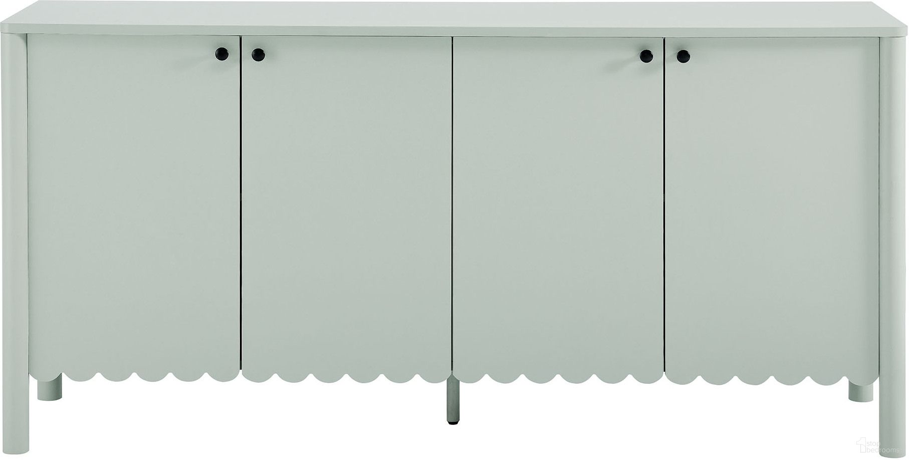 The appearance of Emmeline 66 Inch 4-Door Scalloped Sideboard Cabinet In Sage designed by Modway in the modern / contemporary interior design. This sage piece of furniture  was selected by 1StopBedrooms from Emmeline Collection to add a touch of cosiness and style into your home. Sku: EEI-7153-SGE. Material: Laminate.