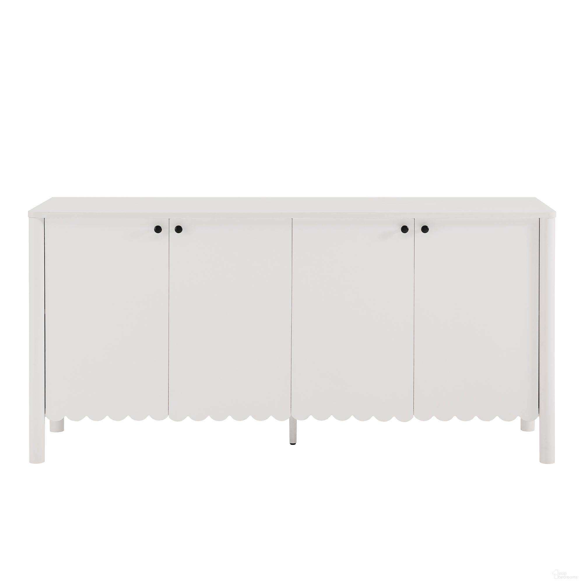 The appearance of Emmeline 66 Inch 4-Door Scalloped Sideboard Cabinet In White designed by Modway in the modern / contemporary interior design. This white piece of furniture was selected by 1StopBedrooms from Emmeline Collection to add a touch of cosiness and style into your home. Sku: EEI-7153-WHI. Material: Laminate.