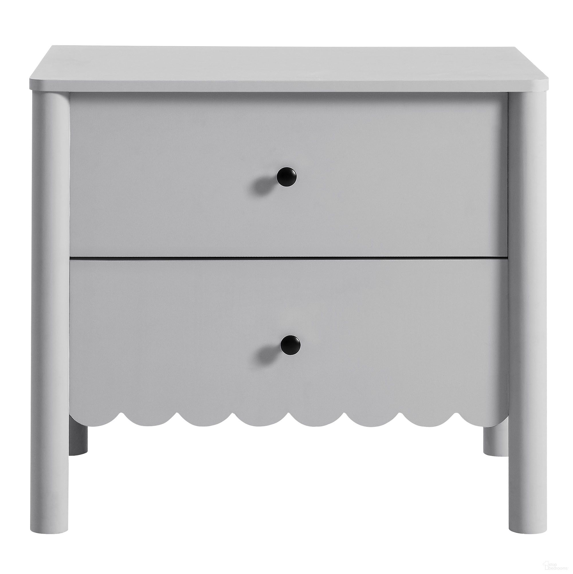 The appearance of Emmeline Scalloped 2-Drawer Nightstand In Light Gray designed by Modway in the modern / contemporary interior design. This light gray piece of furniture was selected by 1StopBedrooms from Emmeline Collection to add a touch of cosiness and style into your home. Sku: MOD-7206-LGR.