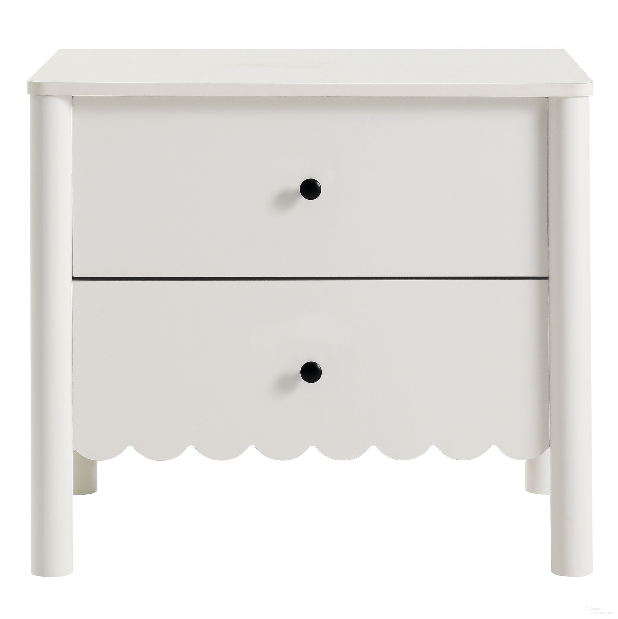 The appearance of Emmeline Scalloped 2-Drawer Nightstand In White designed by Modway in the modern / contemporary interior design. This white piece of furniture was selected by 1StopBedrooms from Emmeline Collection to add a touch of cosiness and style into your home. Sku: MOD-7206-WHI.