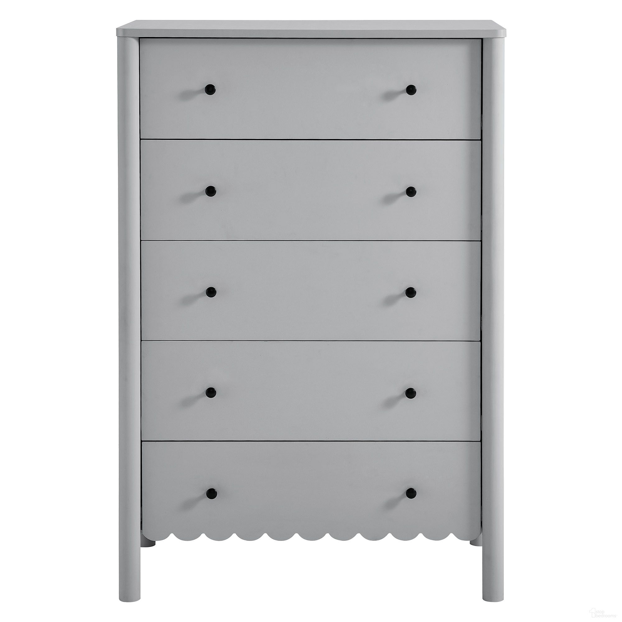 The appearance of Emmeline Scalloped 5-Drawer Chest In Light Gray designed by Modway in the modern / contemporary interior design. This light gray piece of furniture was selected by 1StopBedrooms from Emmeline Collection to add a touch of cosiness and style into your home. Sku: EEI-7156-LGR.