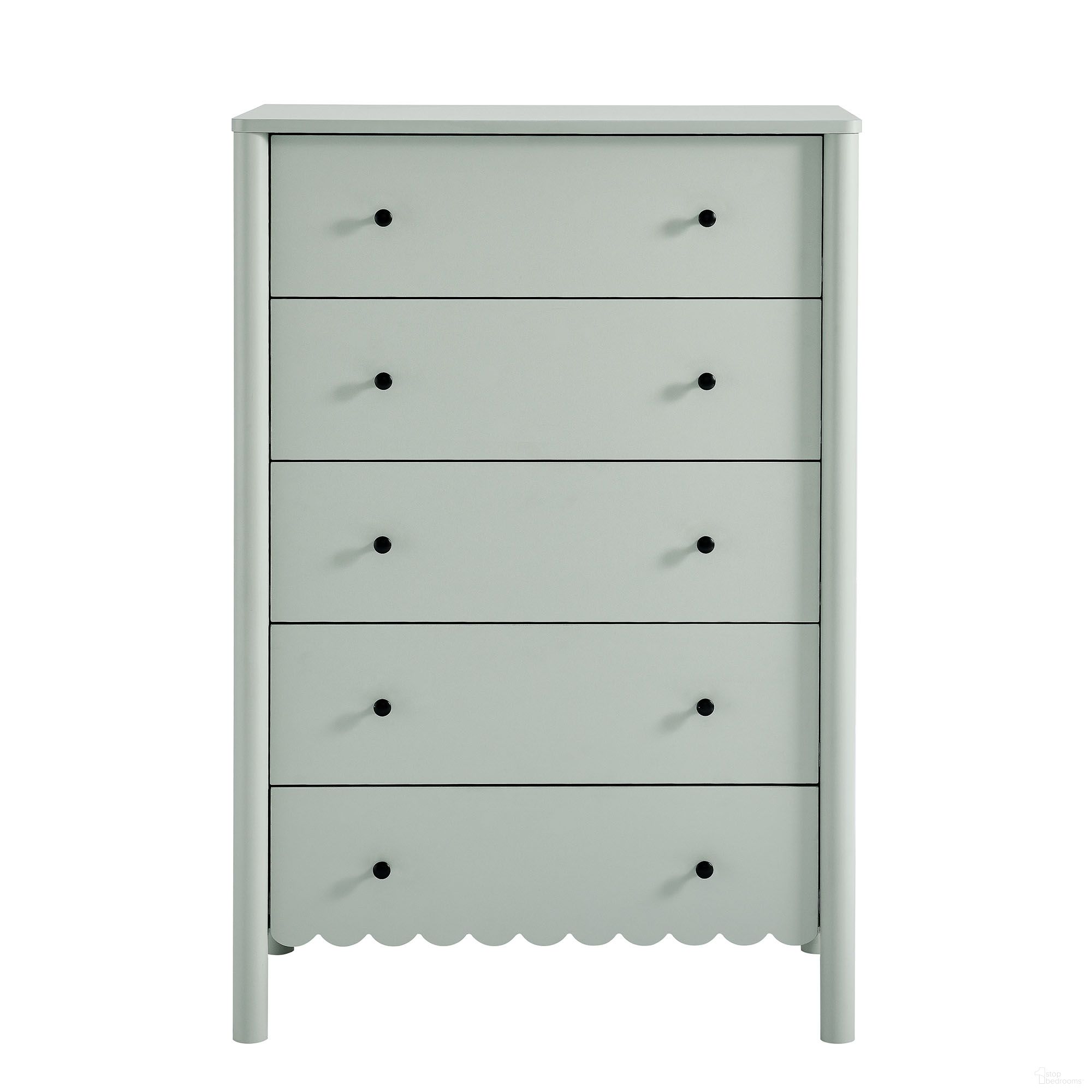 The appearance of Emmeline Scalloped 5-Drawer Chest In Sage designed by Modway in the modern / contemporary interior design. This sage piece of furniture  was selected by 1StopBedrooms from Emmeline Collection to add a touch of cosiness and style into your home. Sku: EEI-7156-SGE.