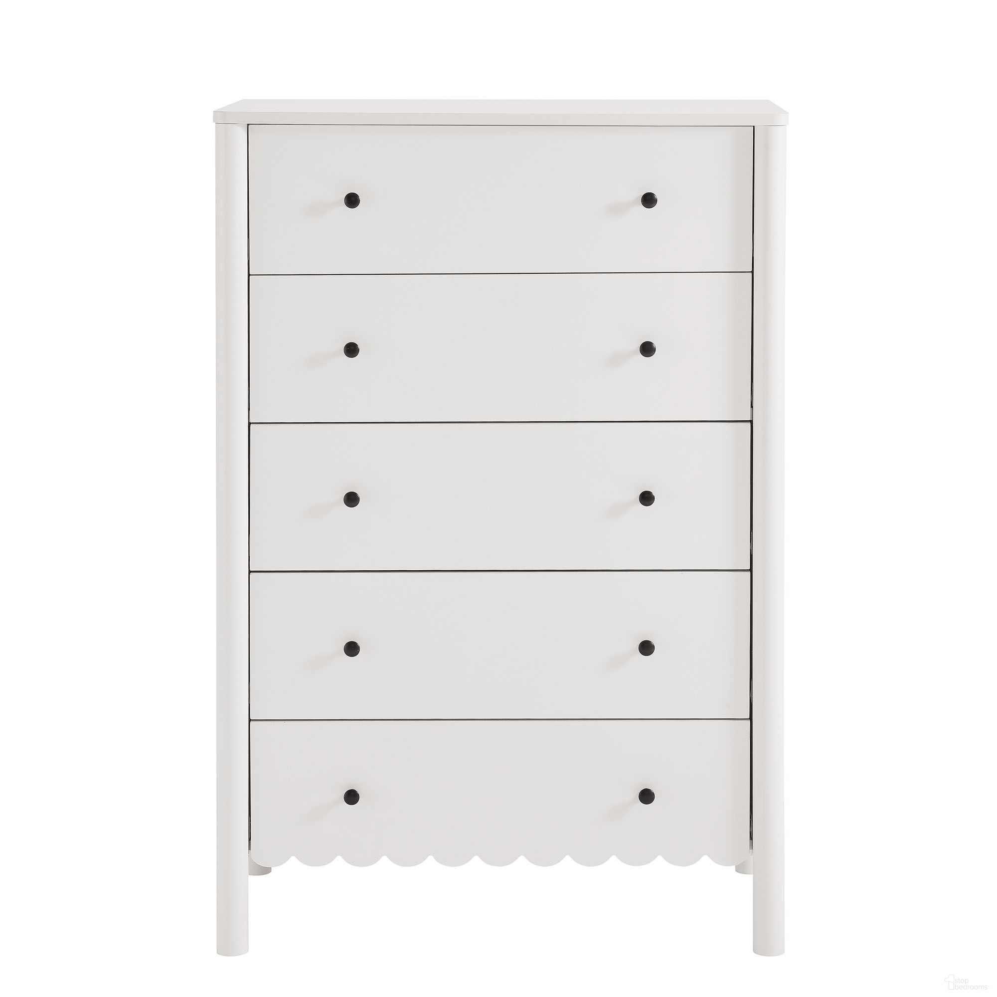 The appearance of Emmeline Scalloped 5-Drawer Chest In White designed by Modway in the modern / contemporary interior design. This white piece of furniture was selected by 1StopBedrooms from Emmeline Collection to add a touch of cosiness and style into your home. Sku: EEI-7156-WHI.