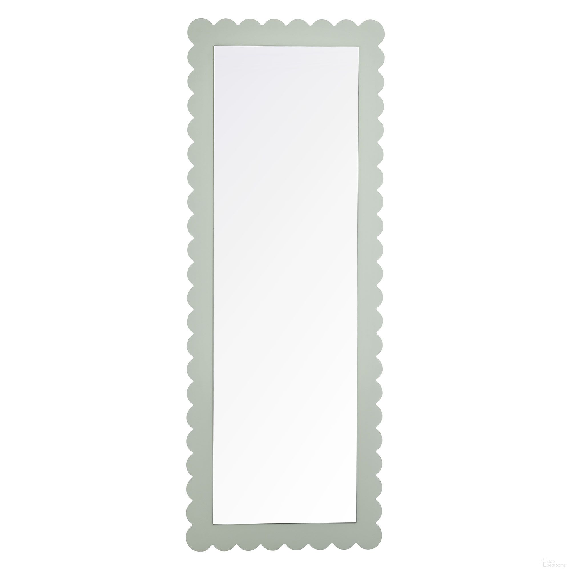 The appearance of Emmeline Scalloped Rectangle Floor Mirror In Sage designed by Modway in the modern / contemporary interior design. This sage piece of furniture  was selected by 1StopBedrooms from Emmeline Collection to add a touch of cosiness and style into your home. Sku: EEI-7117-SGE. Material: Laminate.