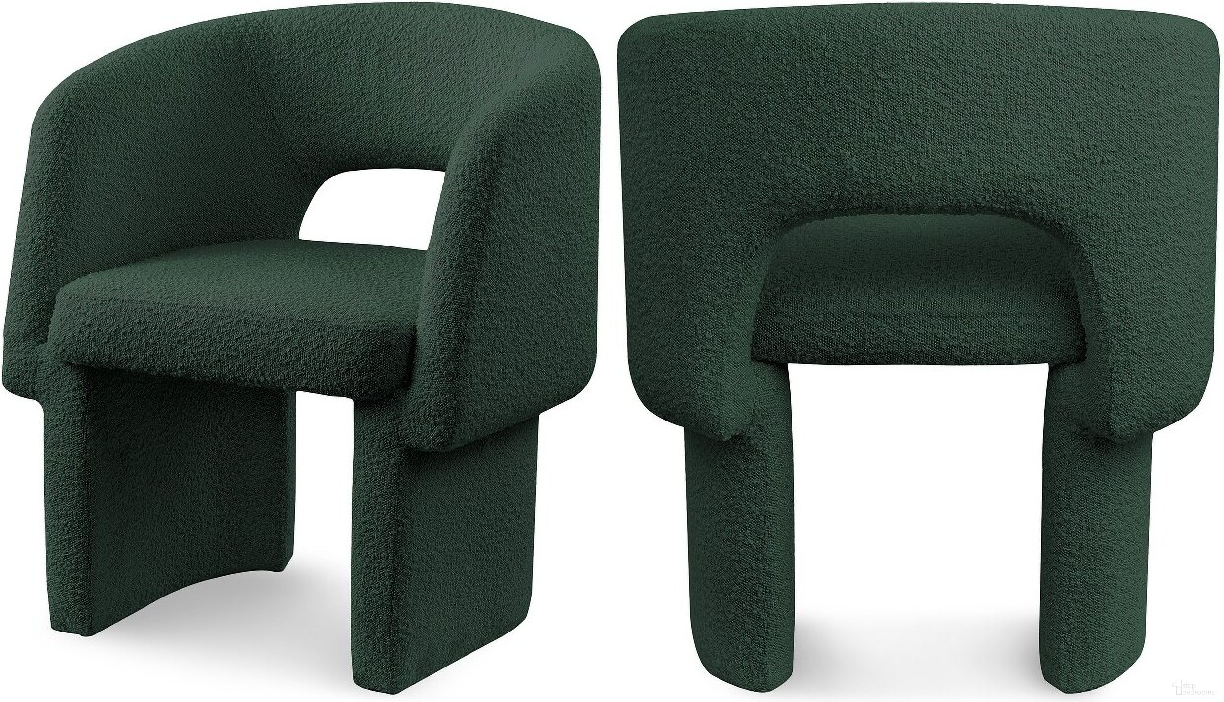 The appearance of Emmet Boucle Fabric Dining Chair In Green designed by Meridian in the modern / contemporary interior design. This green piece of furniture  was selected by 1StopBedrooms from Emmet Collection to add a touch of cosiness and style into your home. Sku: 438Green-C. Material: Plywood. Chair Type: Arm Chair.