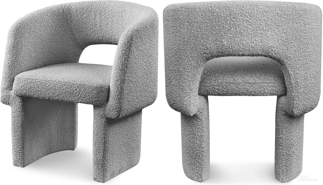 The appearance of Emmet Boucle Fabric Dining Chair In Grey designed by Meridian in the modern / contemporary interior design. This grey piece of furniture was selected by 1StopBedrooms from Emmet Collection to add a touch of cosiness and style into your home. Sku: 438Grey-C. Material: Plywood. Chair Type: Arm Chair.