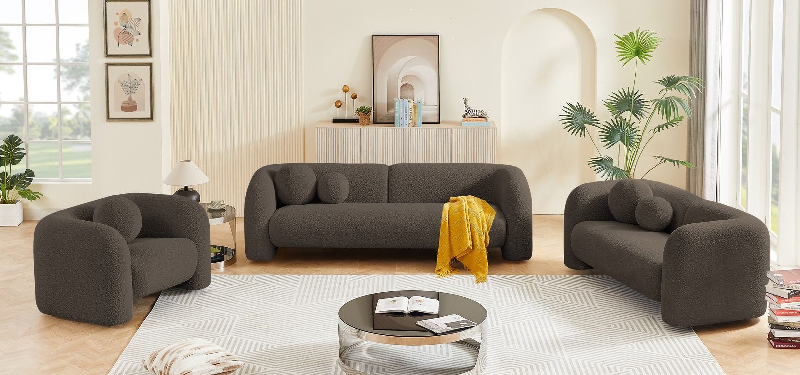 The appearance of Emory Living Room Set In Brown designed by Meridian in the modern / contemporary interior design. This brown piece of furniture  was selected by 1StopBedrooms from Emory Collection to add a touch of cosiness and style into your home. Sku: 139Brown-S;139Brown-L. Material: Boucle.