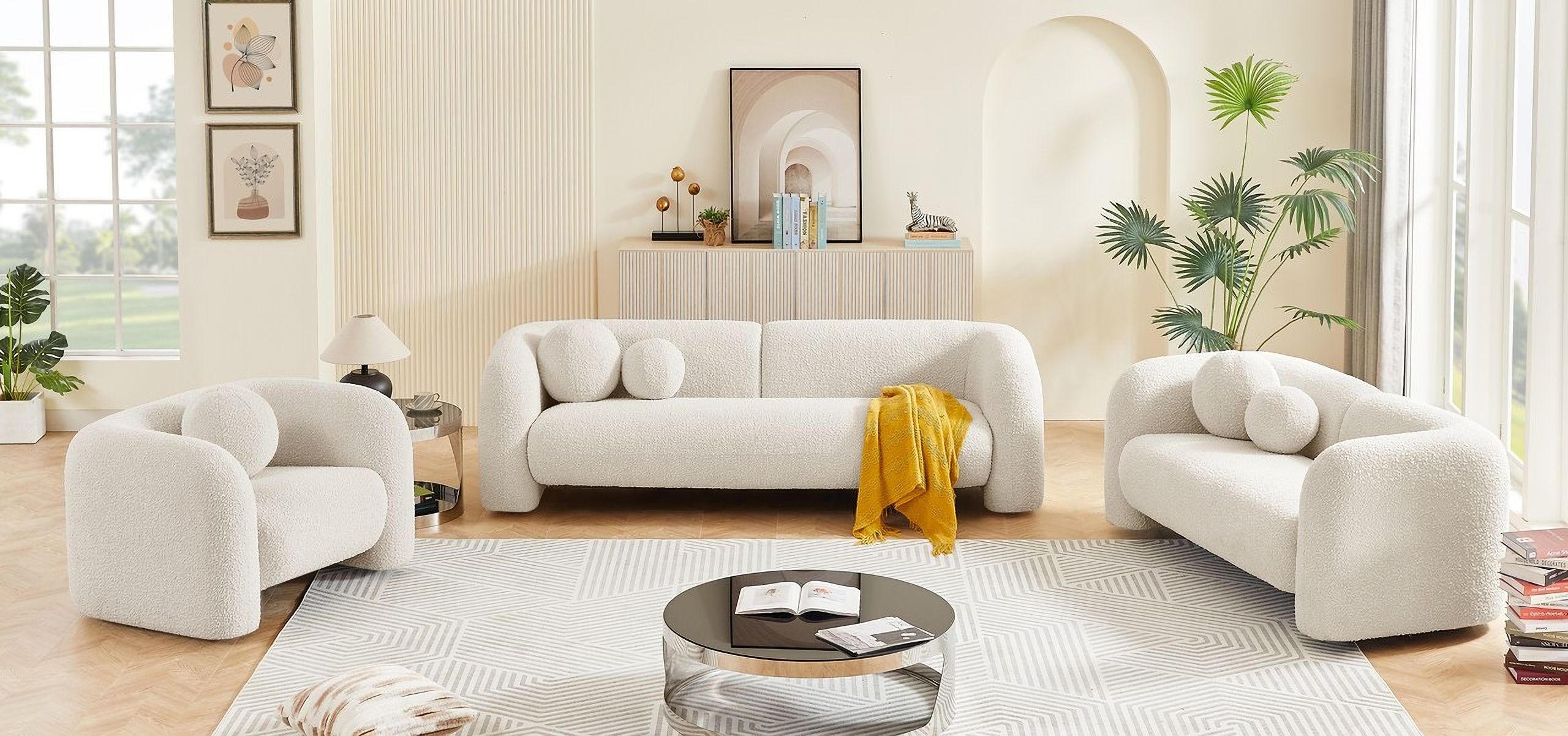 The appearance of Emory Living Room Set In Cream designed by Meridian in the modern / contemporary interior design. This cream piece of furniture was selected by 1StopBedrooms from Emory Collection to add a touch of cosiness and style into your home. Sku: 139Cream-S;139Cream-L. Material: Boucle.