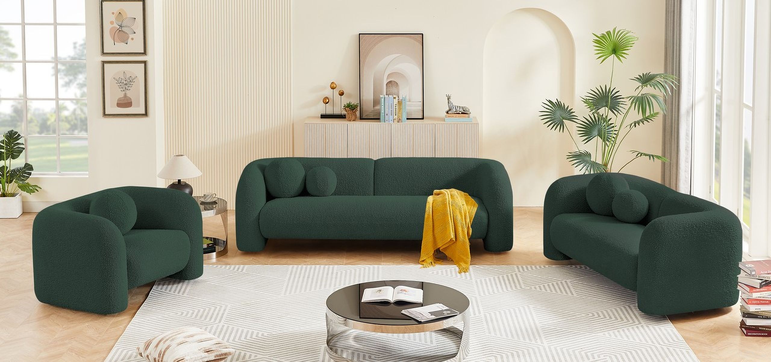 The appearance of Emory Living Room Set In Green designed by Meridian in the modern / contemporary interior design. This green piece of furniture was selected by 1StopBedrooms from Emory Collection to add a touch of cosiness and style into your home. Sku: 139Green-S;139Green-L. Material: Boucle.