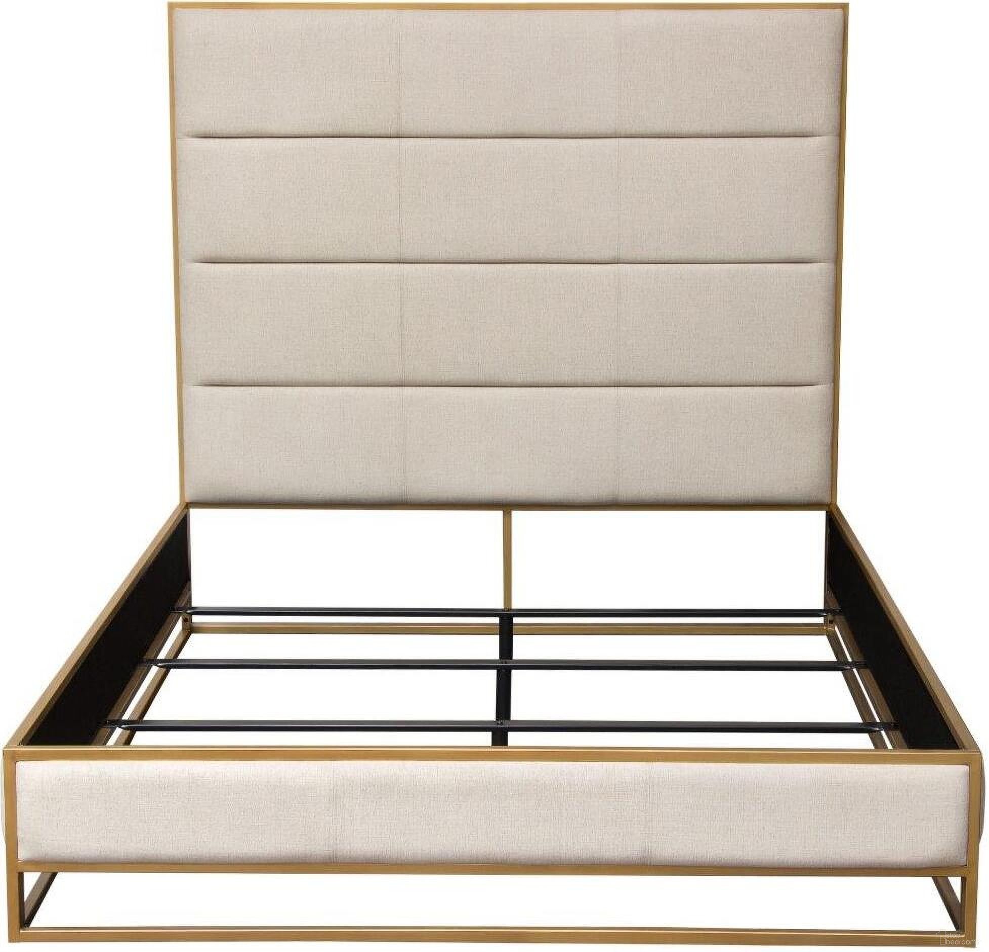 Empire Queen Bed In Sand Fabric With Hand Brushed Gold Metal Frame