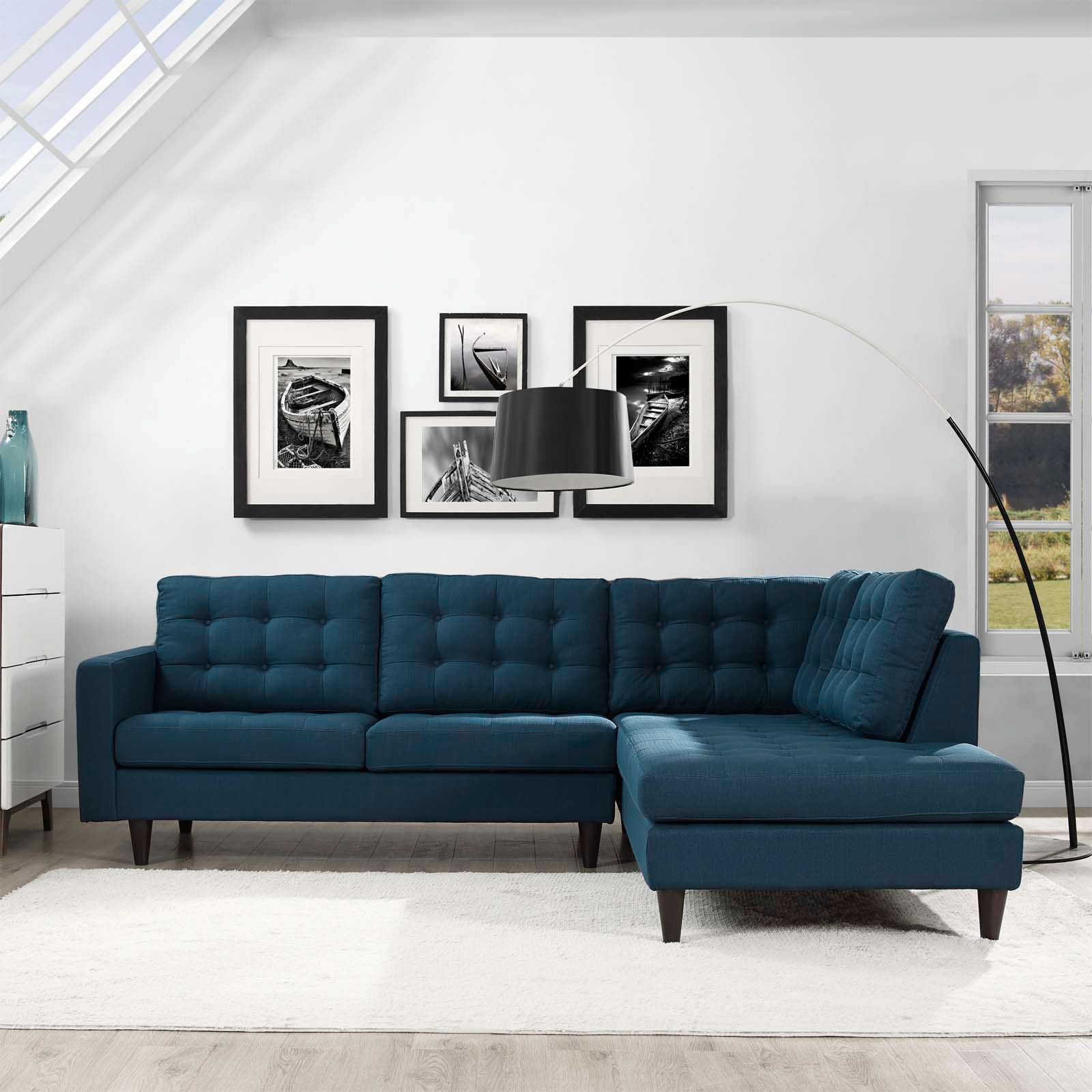 The appearance of Empress Azure 2 Piece Upholstered Fabric Right Facing Bumper Sectional designed by Modway in the modern / contemporary interior design. This azure piece of furniture was selected by 1StopBedrooms from Empress Collection to add a touch of cosiness and style into your home. Sku: EEI-2589-AZU;EEI-2612-AZU. Material: Polyester. Layout: L-Shape. Orientation: RAF.