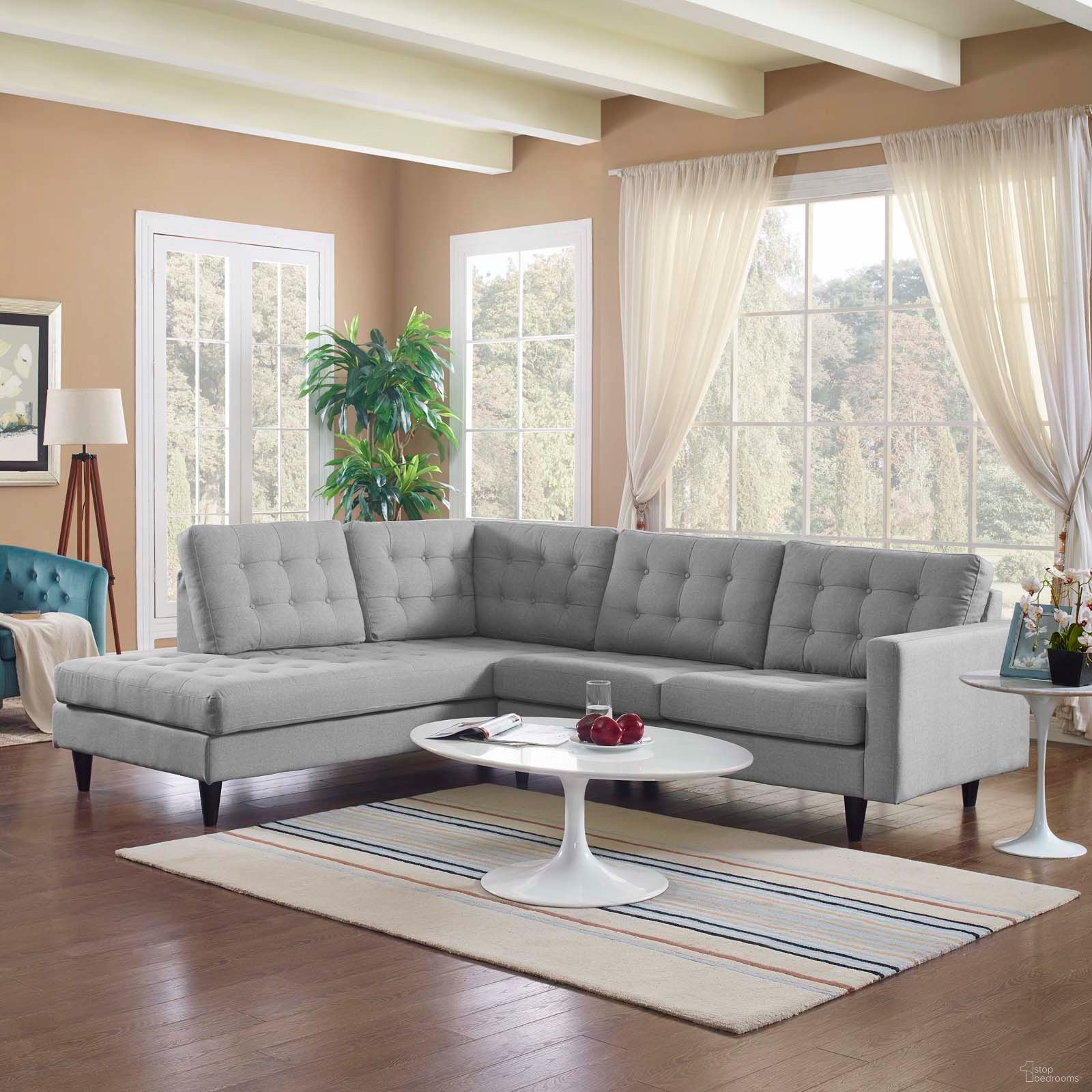 The appearance of Empress Light Gray 2 Piece Upholstered Fabric Left Facing Bumper Sectional designed by Modway in the modern / contemporary interior design. This light gray piece of furniture was selected by 1StopBedrooms from Empress Collection to add a touch of cosiness and style into your home. Sku: EEI-2595-LGR;EEI-2611-LGR. Material: Polyester. Layout: L-Shape. Orientation: LAF.