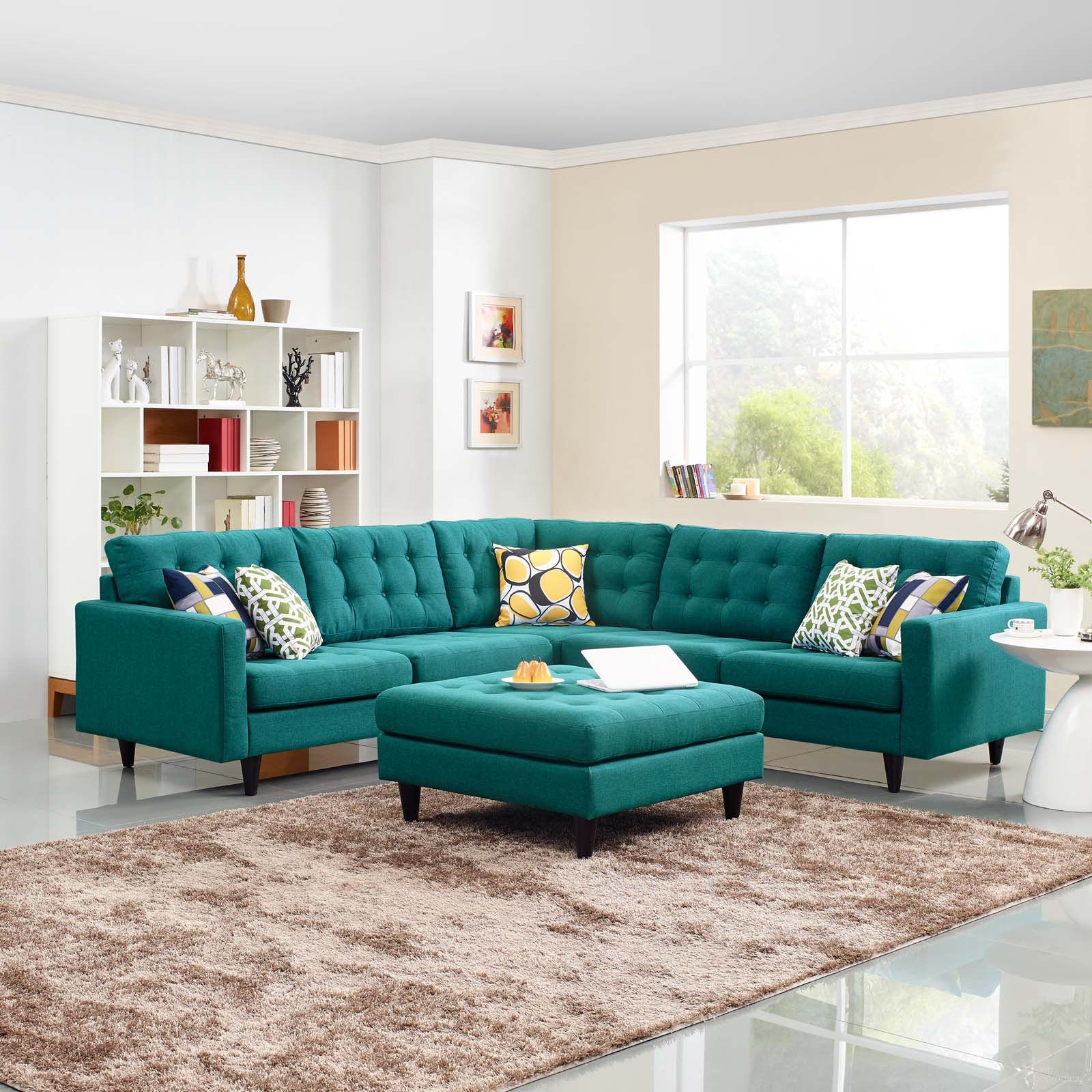 The appearance of Empress Teal 3 Piece Upholstered Fabric Sectional Sofa Set designed by Modway in the modern / contemporary interior design. This teal piece of furniture was selected by 1StopBedrooms from Empress Collection to add a touch of cosiness and style into your home. Sku: EEI-2589-TEA;EEI-2595-TEA;EEI-2610-TEA. Material: Polyester. Layout: L-Shape.