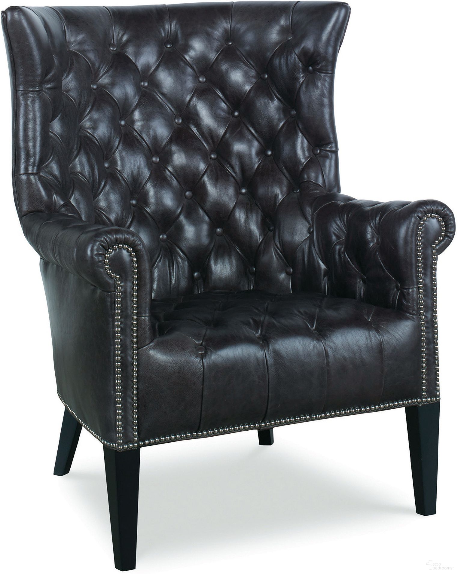 The appearance of Empress Tufted Wing Chair In Black designed by Century Furniture in the modern / contemporary interior design. This black piece of furniture  was selected by 1StopBedrooms from Century Trading Company Collection to add a touch of cosiness and style into your home. Sku: PLR-15106-BRUNETTE. Material: Leather.