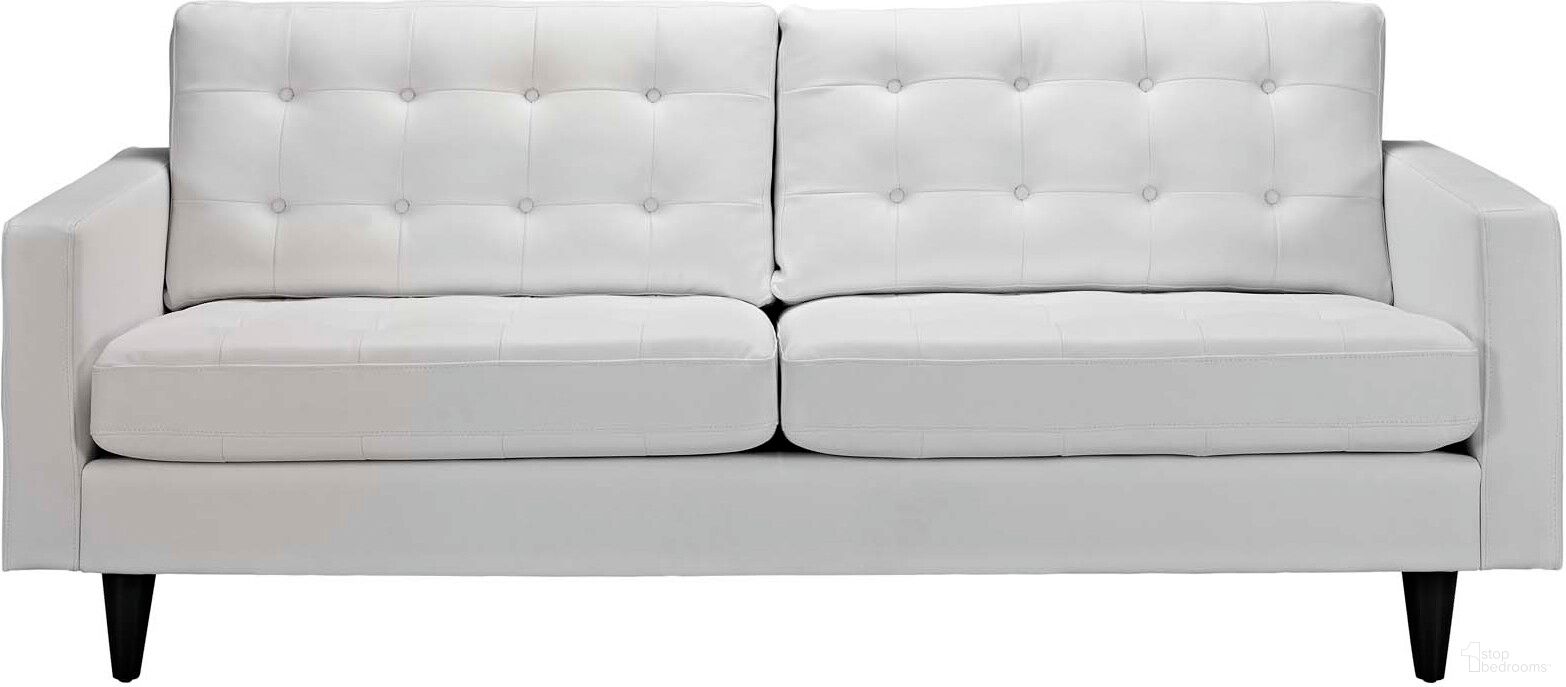 The appearance of Empress White Bonded Leather Sofa designed by Modway in the modern / contemporary interior design. This white piece of furniture was selected by 1StopBedrooms from Empress Collection to add a touch of cosiness and style into your home. Sku: EEI-1010-WHI. Material: Leather.