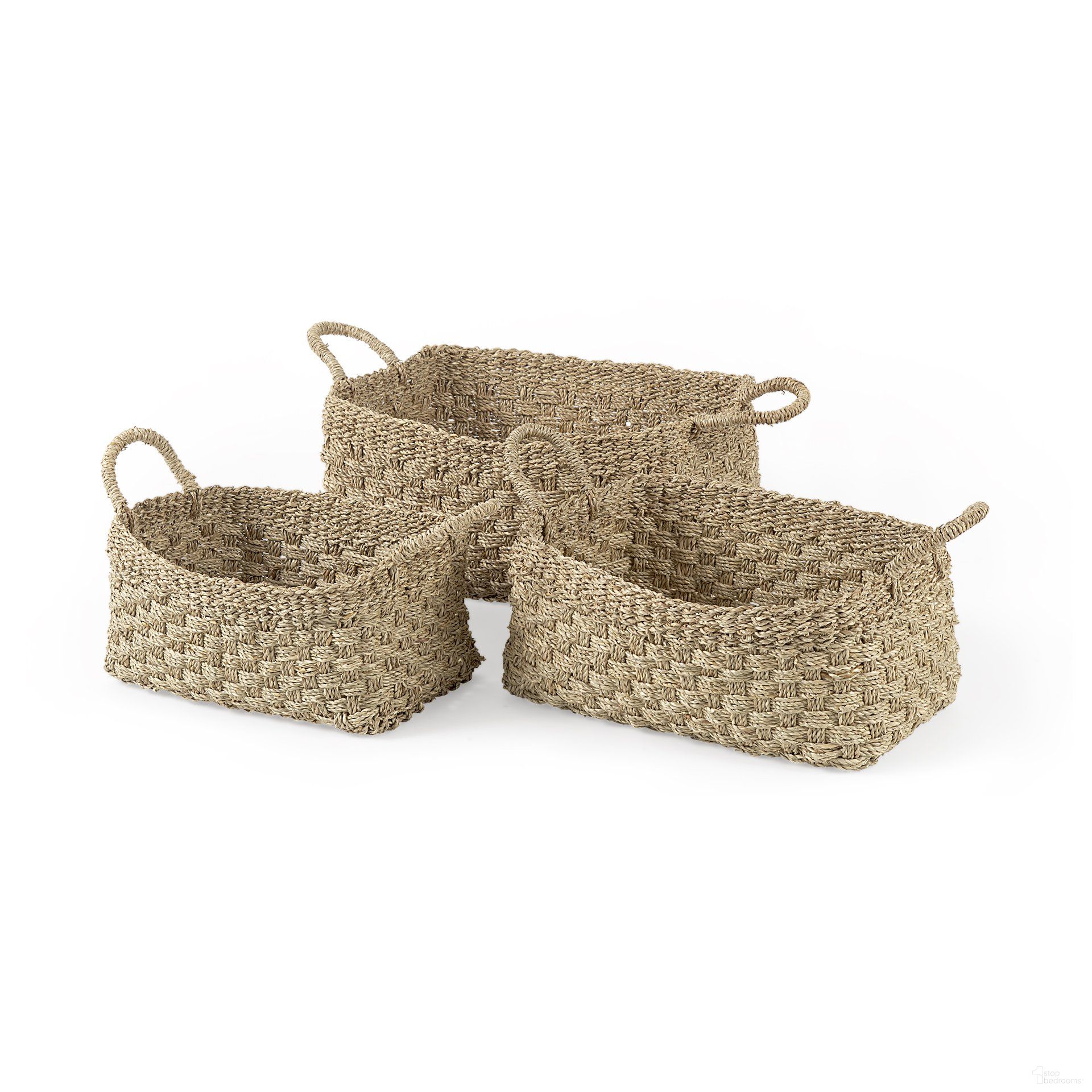 The appearance of Emra Seagrass Rectangular Basket with Handles Set of 3 In Light Brown designed by Mercana in the rustic / southwestern interior design. This light brown piece of furniture was selected by 1StopBedrooms from Emra Collection to add a touch of cosiness and style into your home. Sku: 69588. Material: Woven.
