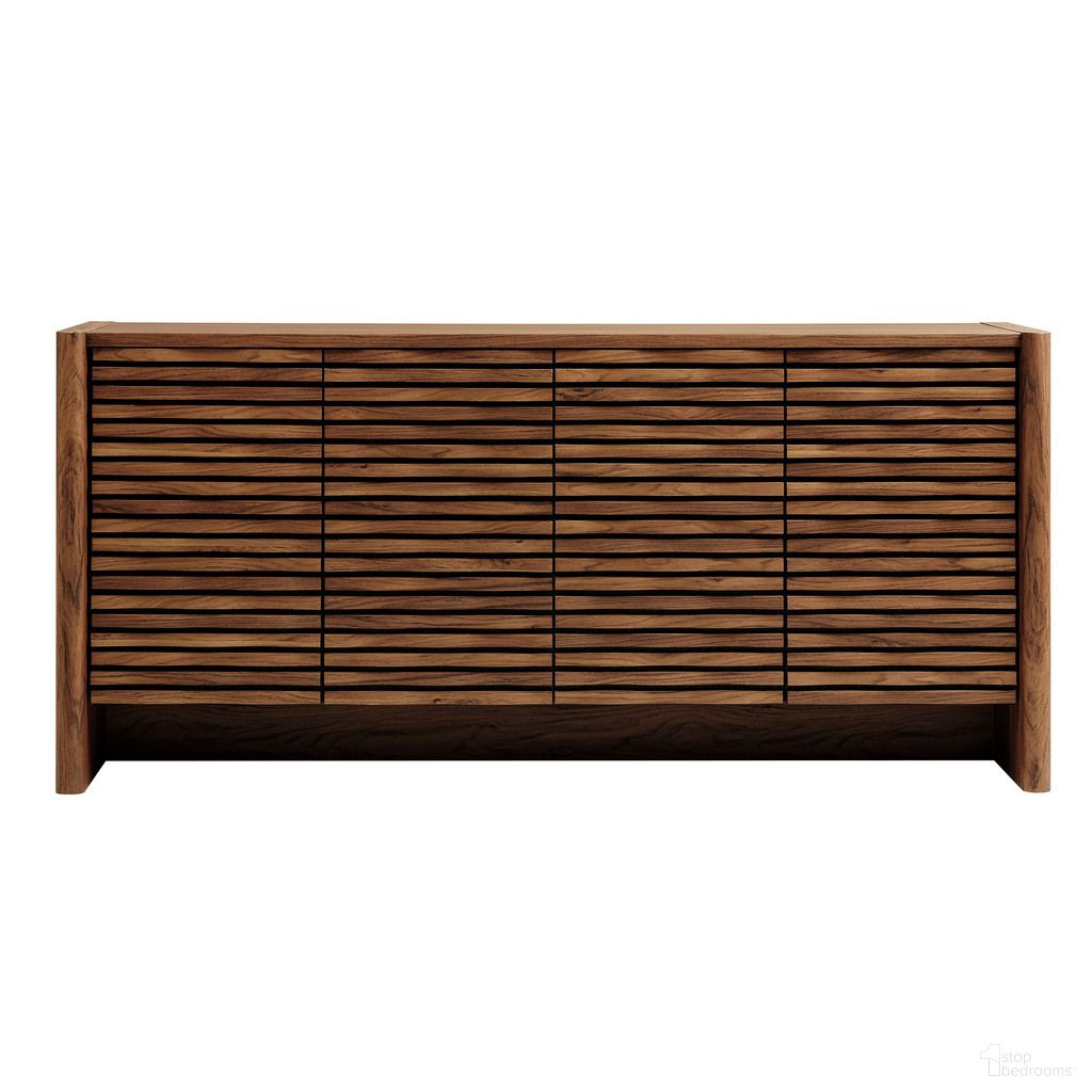 The appearance of Emric Wave 66 Inch 4-Door Sideboard In Walnut designed by Modway in the modern / contemporary interior design. This walnut piece of furniture was selected by 1StopBedrooms from Emric Collection to add a touch of cosiness and style into your home. Sku: EEI-7346-WAL-1;EEI-7346-WAL-2. Material: Laminate.