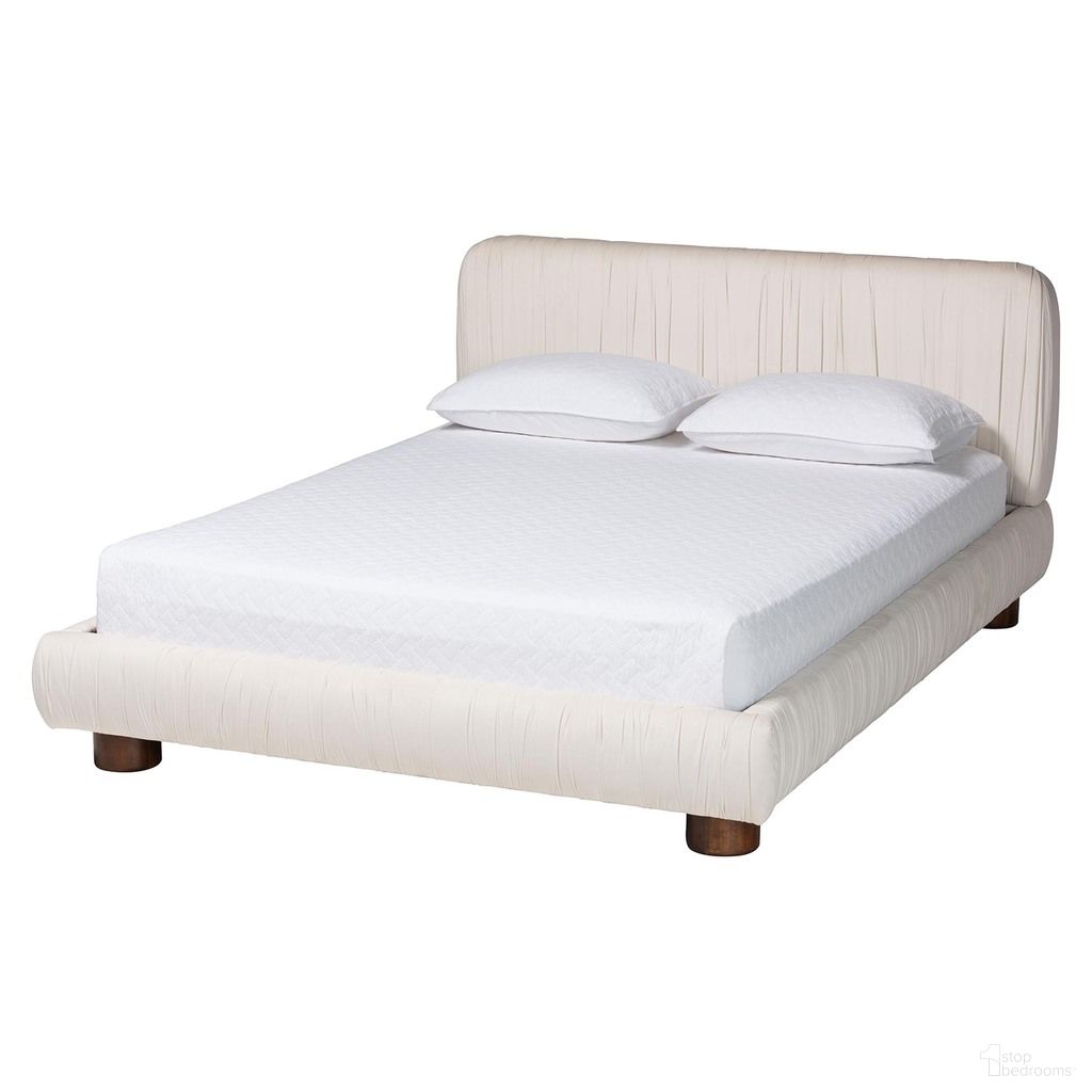 The appearance of Emsley Pleated Velvet Queen Platform Bed In Ivory designed by Baxton Studio in the modern / contemporary interior design. This ivory piece of furniture  was selected by 1StopBedrooms from Emsley Collection to add a touch of cosiness and style into your home. Sku: BBT61217-Ivory/Walnut-Queen. Bed Type: Platform Bed. Bed Size: Queen. Material: Velvet.