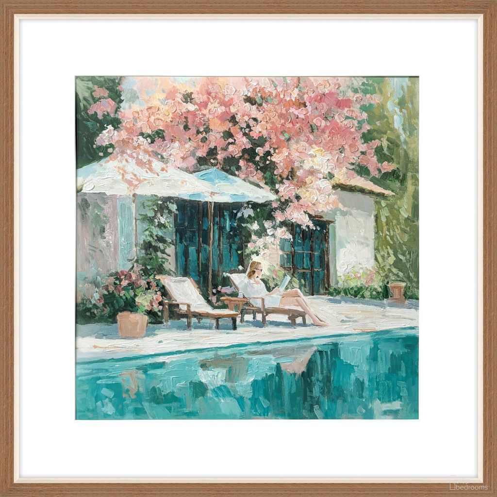 Enchanting Poolside Blossom II - 32" x 32" - Hand-Embellished Print In White and Brown